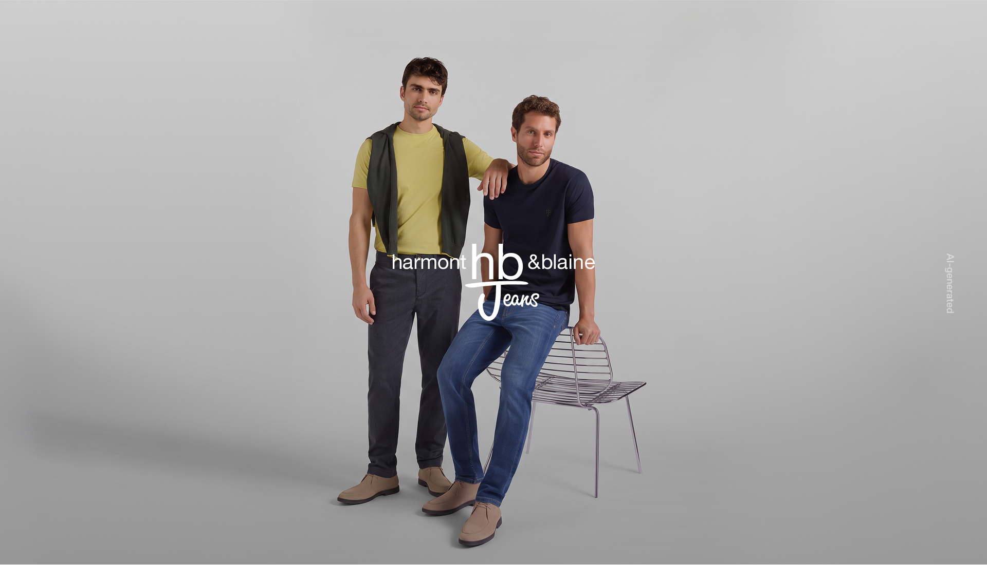 HB Jeans campaign image featuring two male models against a neutral grey background. The model on the left is standing, wearing an acid green t-shirt with a dark sweater draped over his shoulders, dark trousers, and beige suede chukka boots. The model on the right is seated on a metal chair, wearing a dark blue t-shirt, medium-wash blue jeans, and beige suede chukka boots. The white Harmont & Blaine HB Jeans logo is displayed in the center of the image. Image generated with Artificial Intelligence.