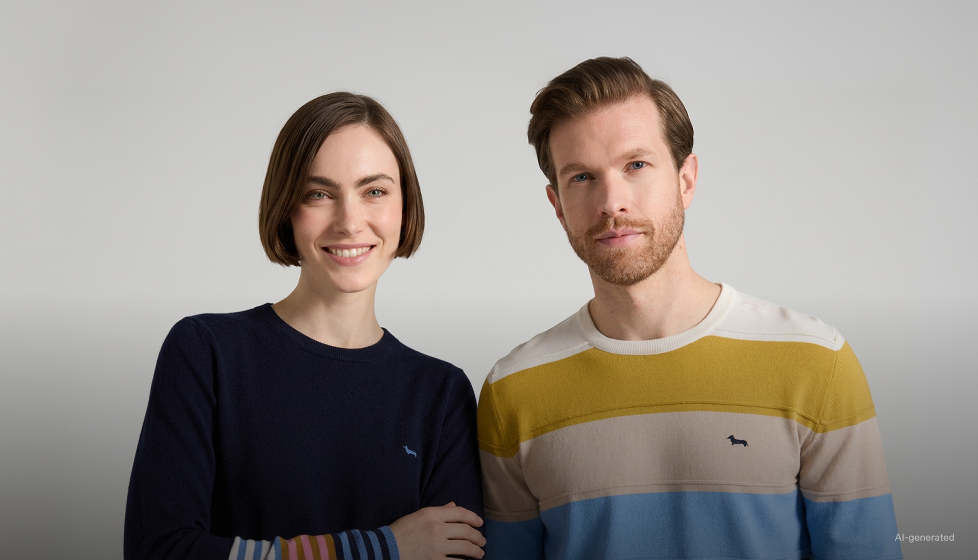 Immagine di campagna generata con l'intelligenza artificiale per la collezione FW26, a tema "Righe per Lei e per Lui". La foto ritrae a mezzo busto una donna e un uomo affiancati su uno sfondo grigio neutro. La donna a sinistra, con un taglio corto castano e sorridente, indossa una maglia girocollo blu scuro caratterizzata da polsini a righe multicolore nei toni del rosa, azzurro e ocra, con un piccolo logo ricamato sul petto. L'uomo a destra, con barba e capelli castani, sfoggia un maglione girocollo a ampie righe orizzontali ocra, panna e azzurro, con il logo del bassotto ricamato al centro del torace.