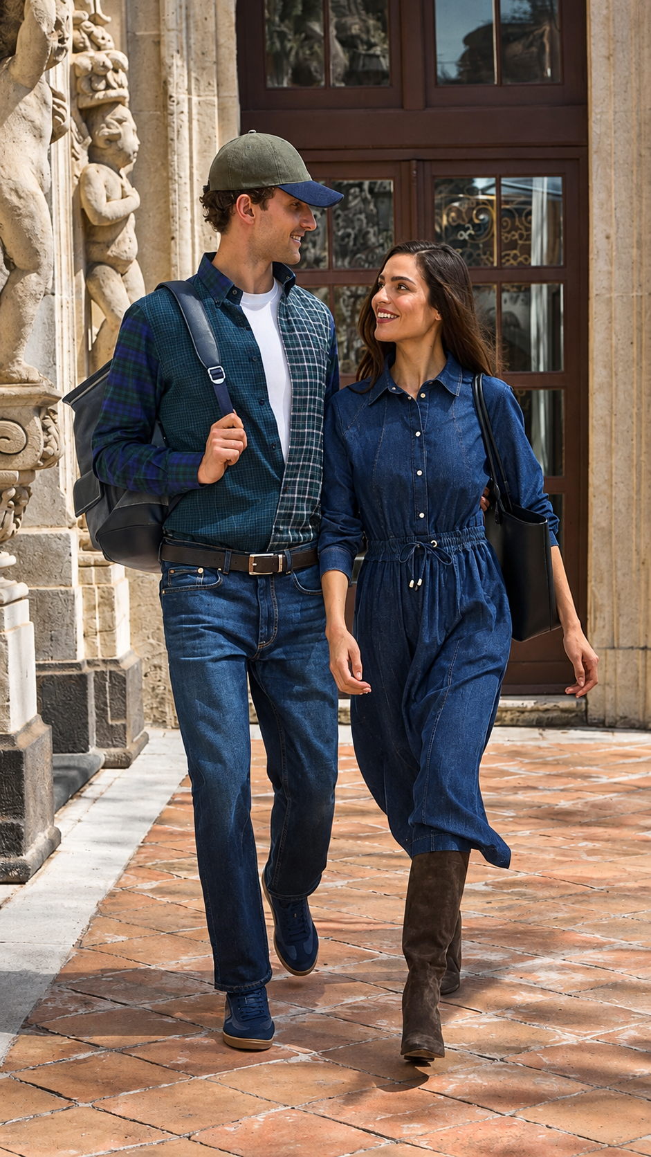 Immagine promozionale per la collezione Autunno/Inverno 2026 raffigurante un uomo e una donna che camminano sorridenti affiancati lungo un porticato storico in pietra; l'uomo indossa un cardigan a quadri verde e blu scuro su t-shirt bianca, jeans e cappellino con visiera verde oliva, mentre la donna indossa uno chemisier lungo in denim blu scuro cinturato in vita, stivali alti in camoscio marrone e porta una borsa a spalla nera.