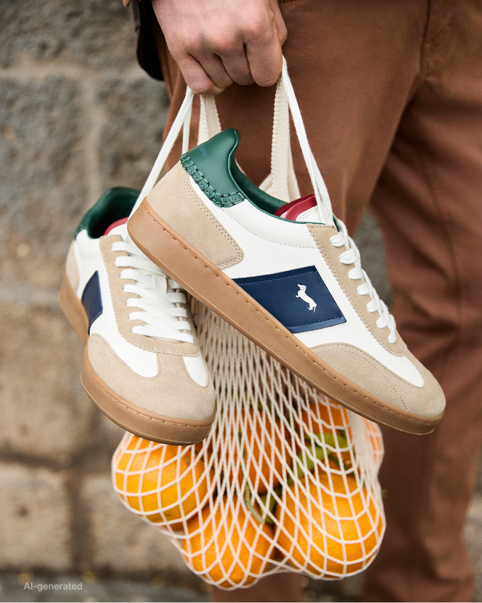 Immagine di campagna per la collezione FW26, a tema "Calzature per Lui". Un dettaglio in primo piano mostra una mano maschile che regge una borsa a rete in cotone bianco contenente arance fresche, a cui sono agganciate un paio di sneaker in pelle bianca e camoscio beige. Le scarpe presentano una suola in gomma color miele, dettagli laterali blu scuro con l'iconico logo del bassotto bianco, linguetta tallone verde scuro e un tocco di rosso sulla linguetta anteriore, mentre sullo sfondo sfuocato s'intravedono pantaloni marroni e una parete in pietra.