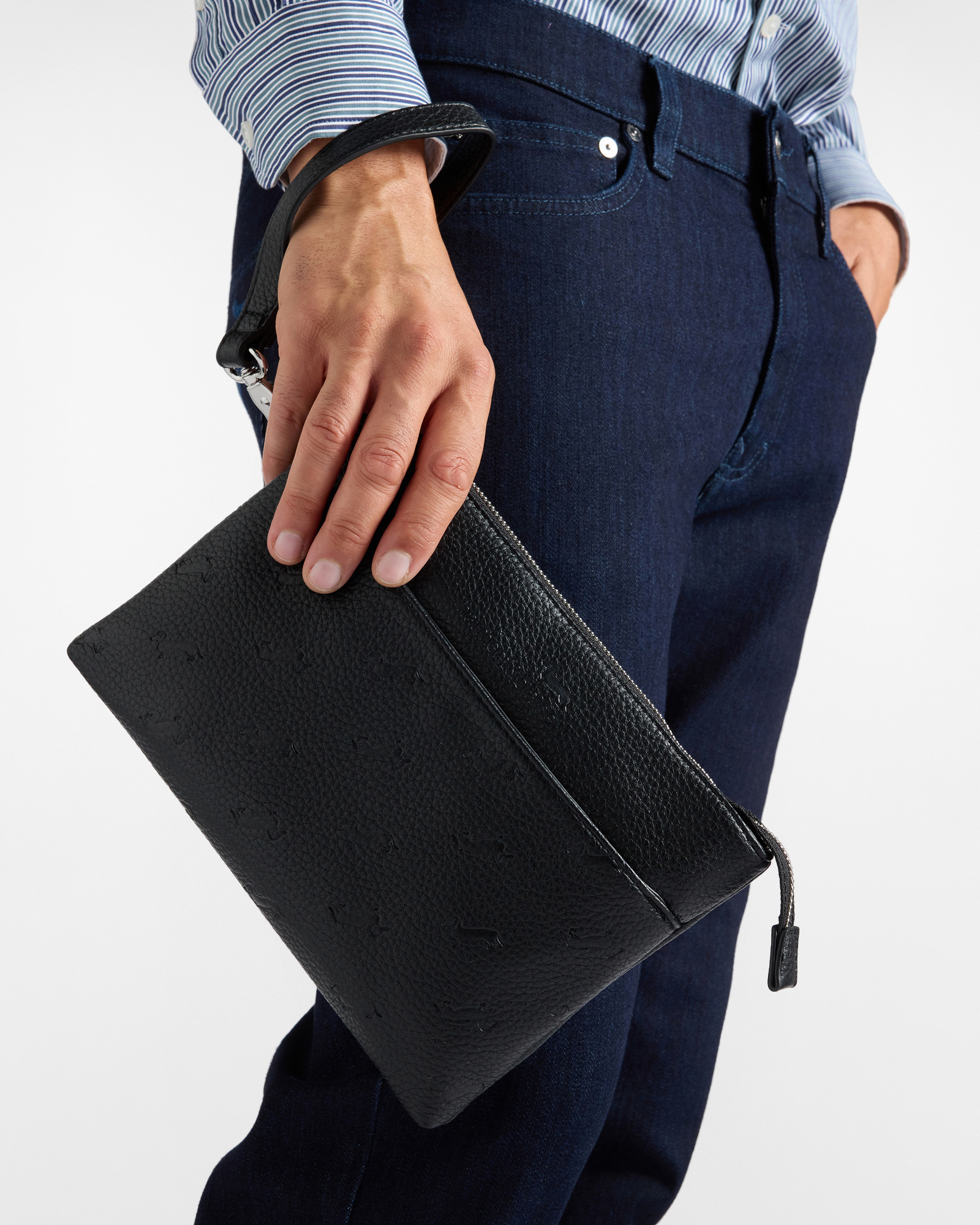Flache Clutch f&uuml;r Herren mit Henkel und Allover-Dackelmuster in Schwarz