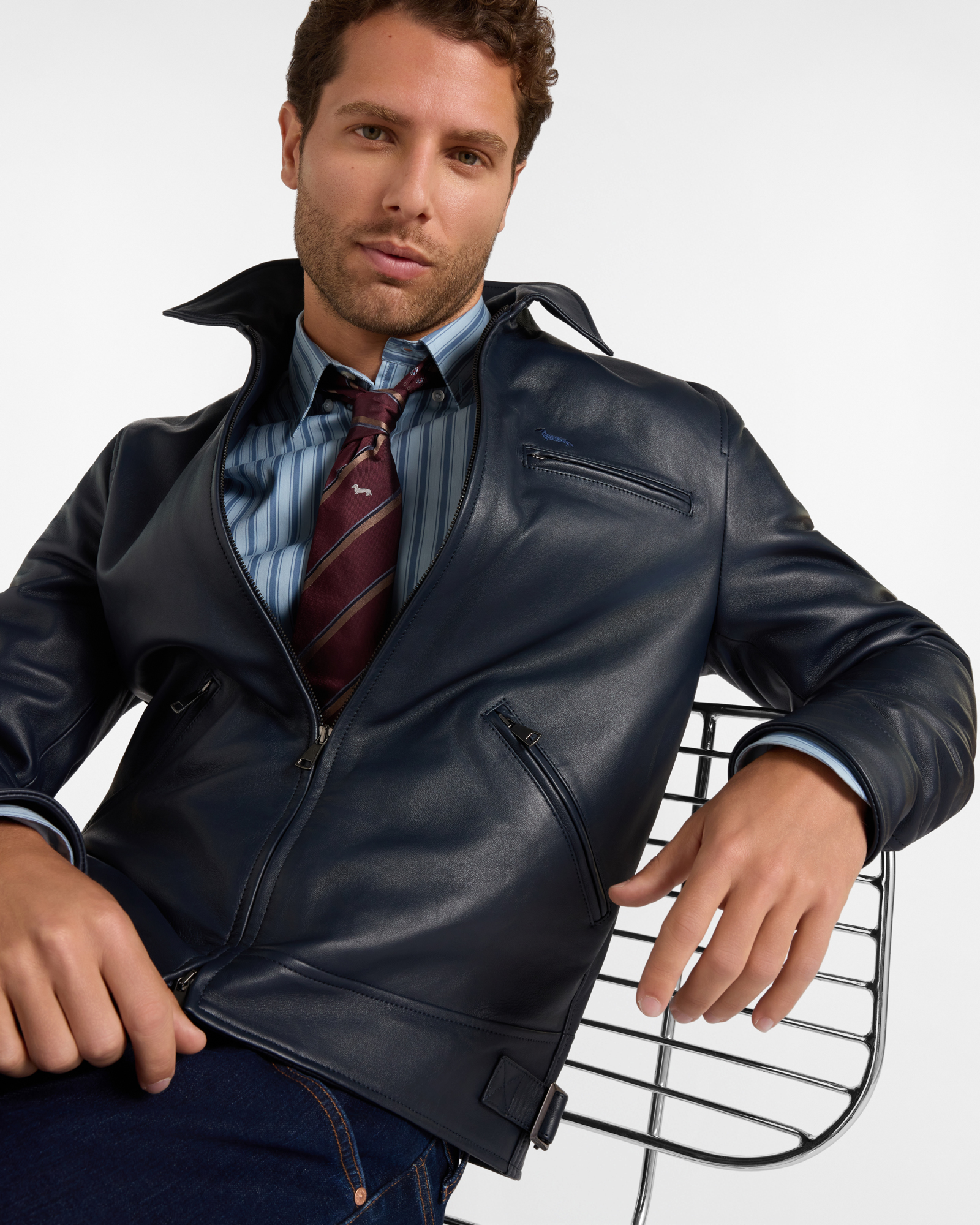 Men's Made in Italy bomber jacket in genuine leather with shirt-style collar Made in Italy, NAVY BLUE, large