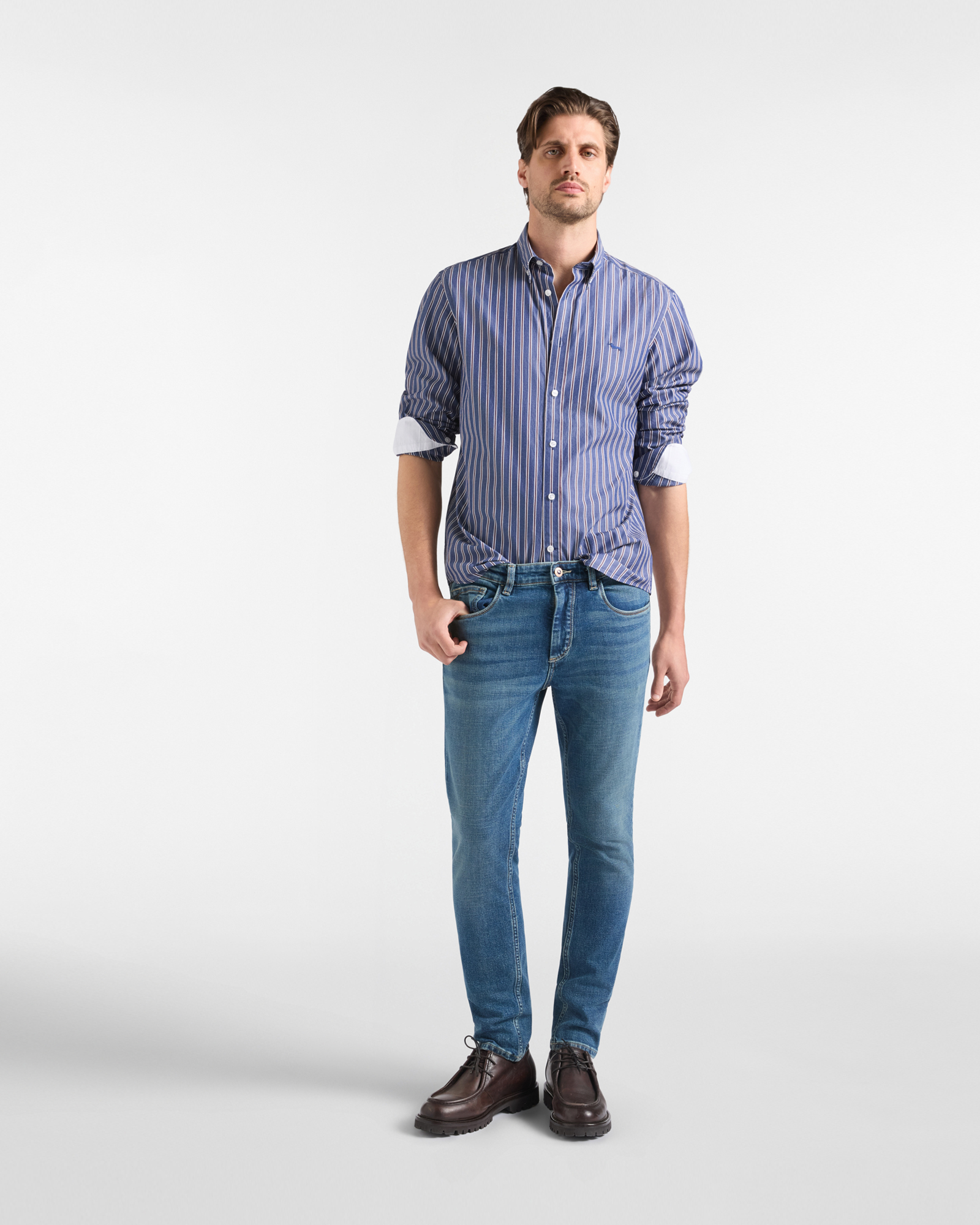 Men's regular-fit cotton shirt with regimental stripes, NAVY BLUE, large