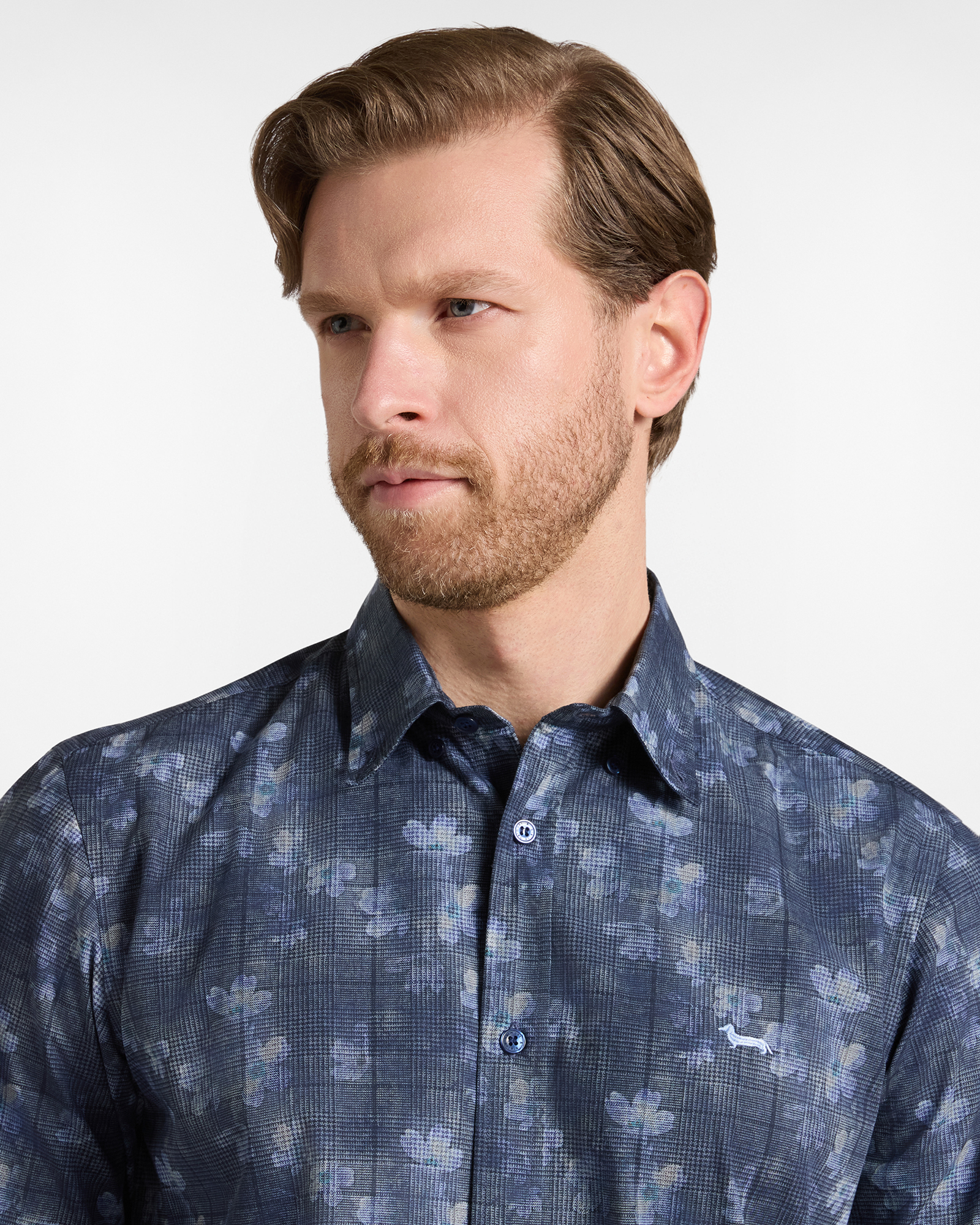 Chemise homme en popeline &agrave; imprim&eacute; Prince de Galles et fleurs Regular Fit, BLEU MARINE, large