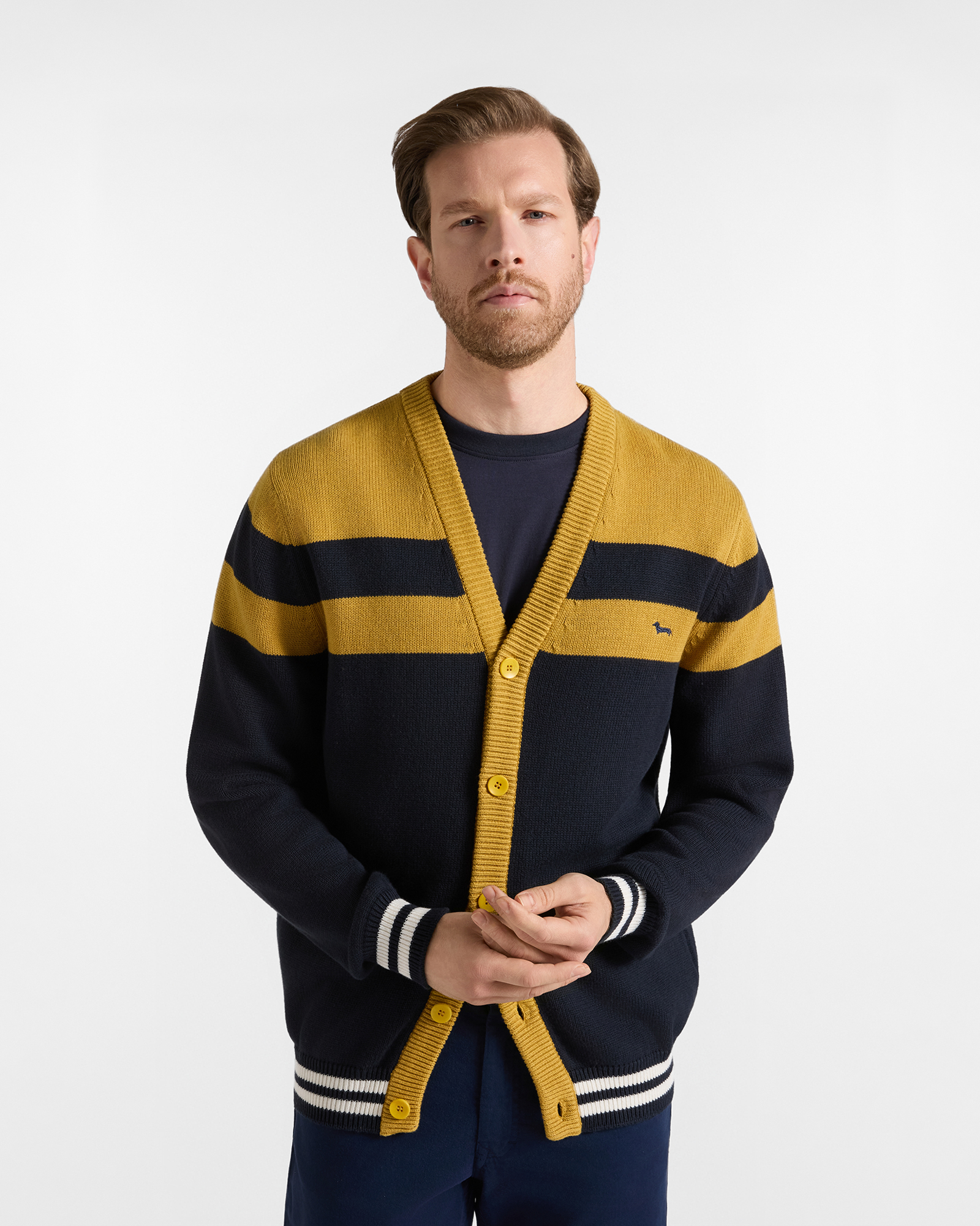Cardigan Uomo con scollo a V cardigan in misto lana e cotone giallo Regular Fit Made in Italy