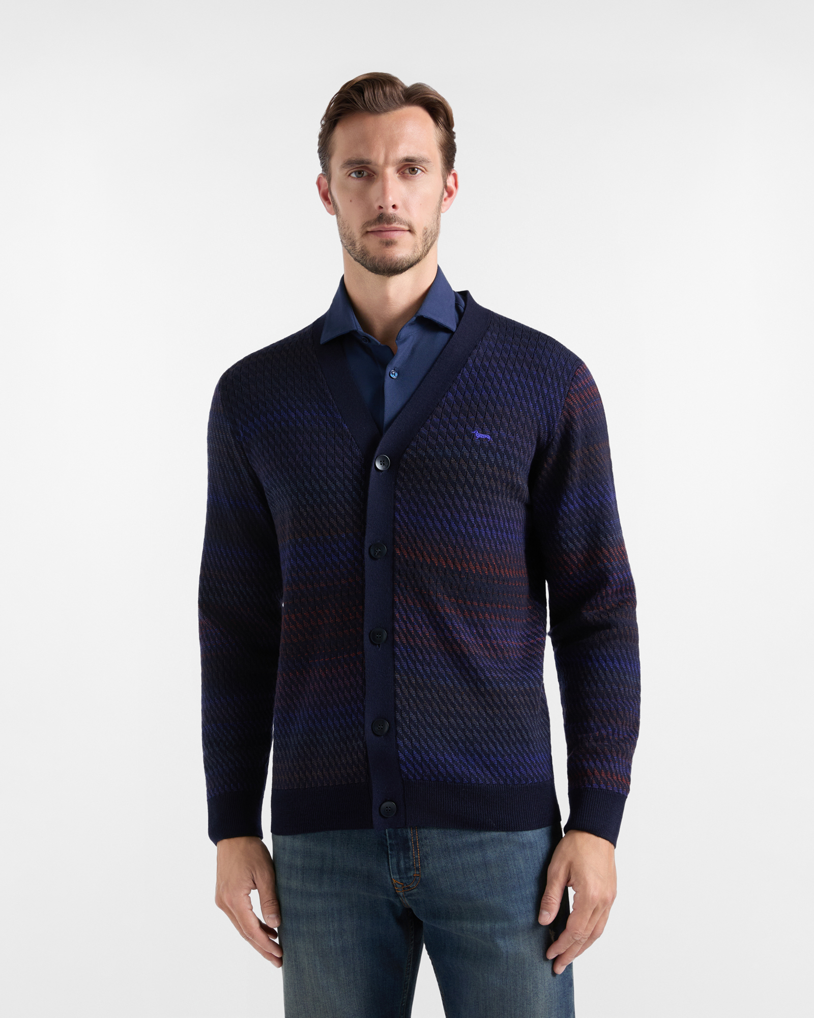 C&aacute;rdigan Hombre con cuello de pico c&aacute;rdigan en 100 % pura lana color azul Regular Fit Made in Italy