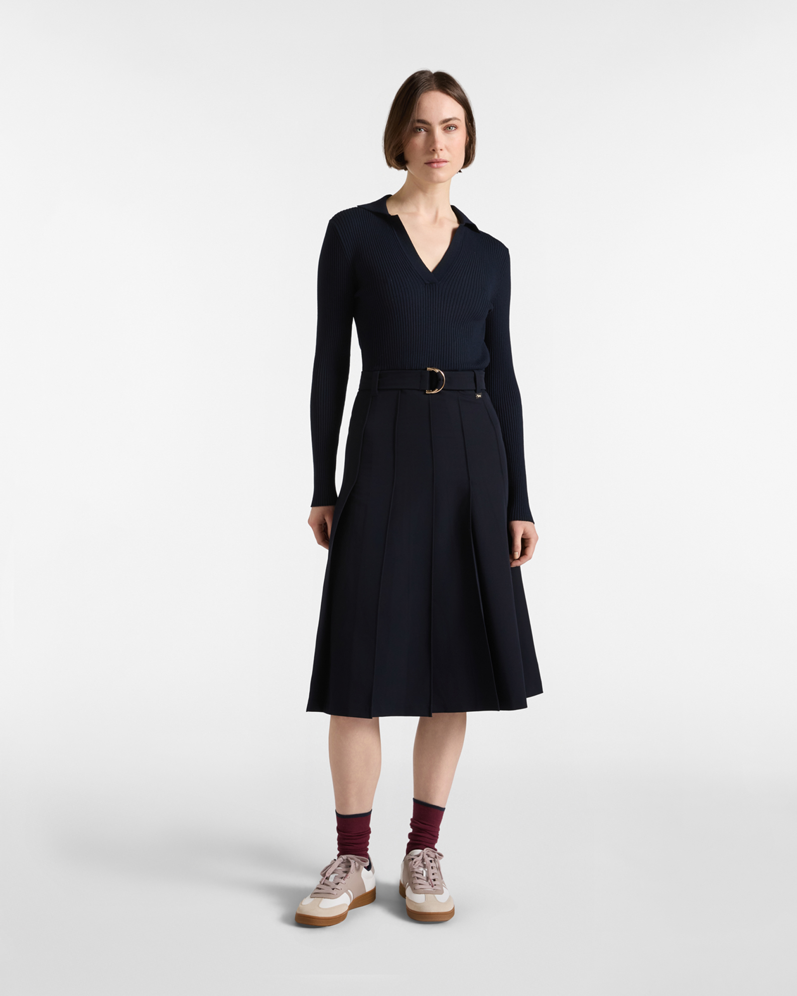 Abito Midi Donna Bimaterico Blu con Corpino a Coste e Cintura