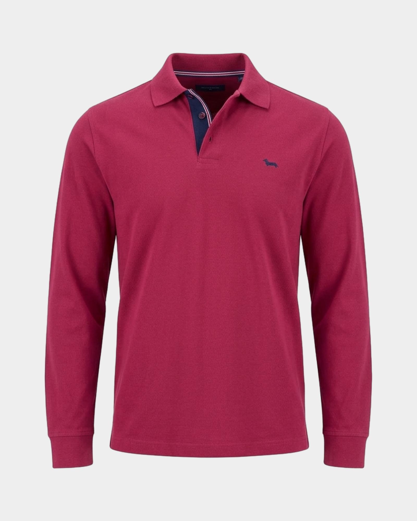 Men's long-sleeve 100% pure cotton brushed jersey polo shirt, CYCLAMEN, large