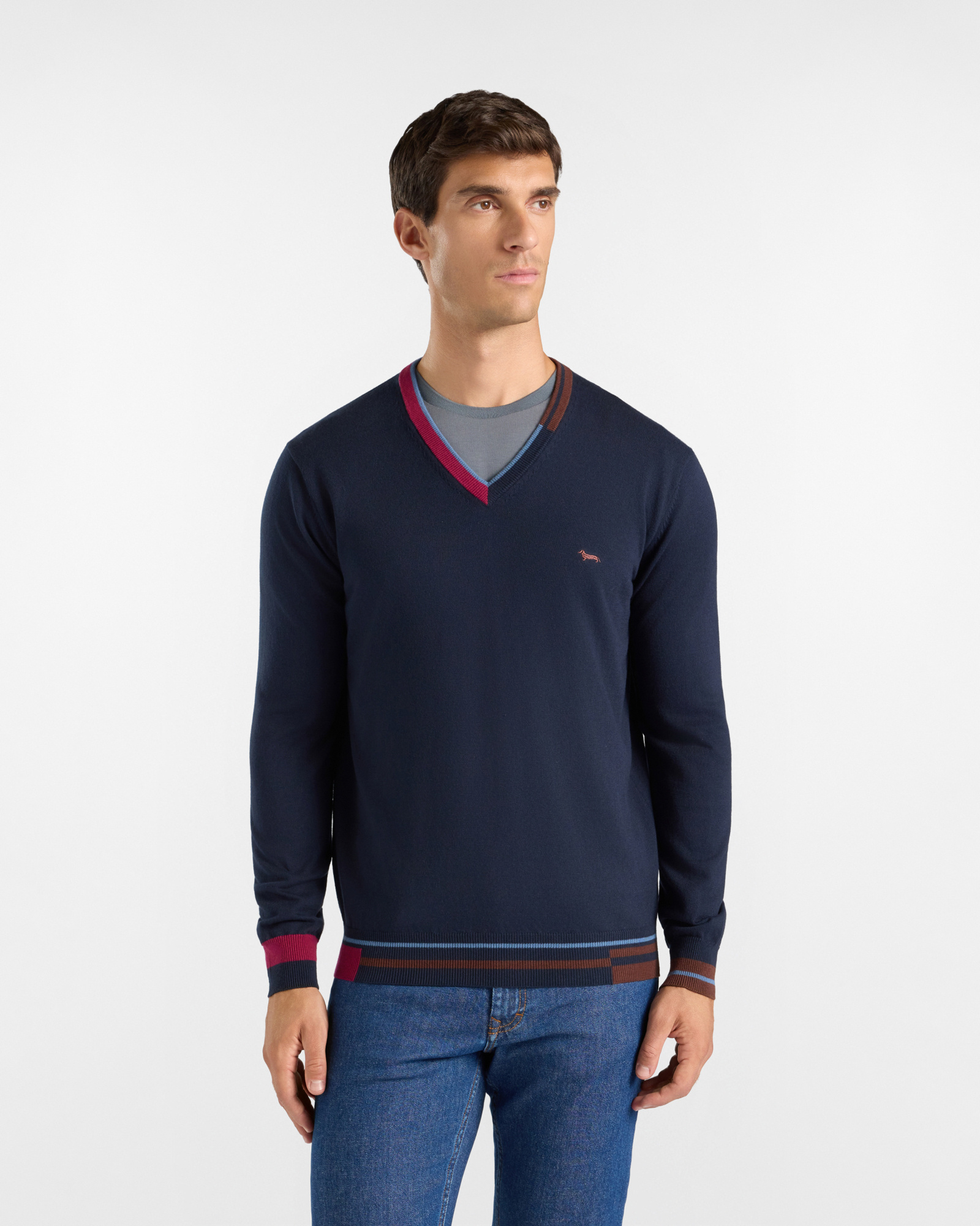 Men's regular fit V-neck sweater in a wool and cotton blend, NAVY BLUE, large