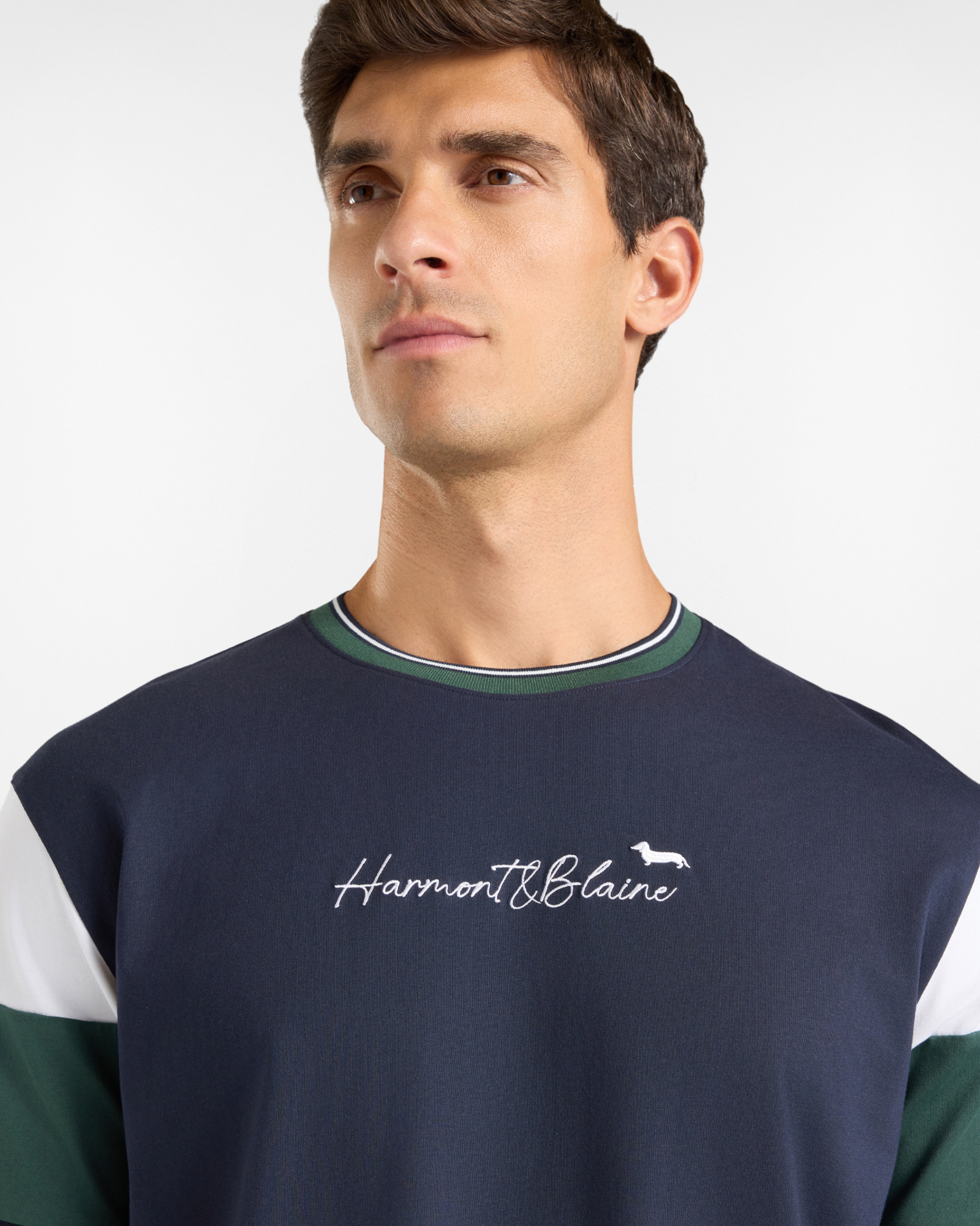 Men's T-shirt with striped ribbed crewneck in  100% pure cotton with relaxed fit, NAVY BLUE, large
