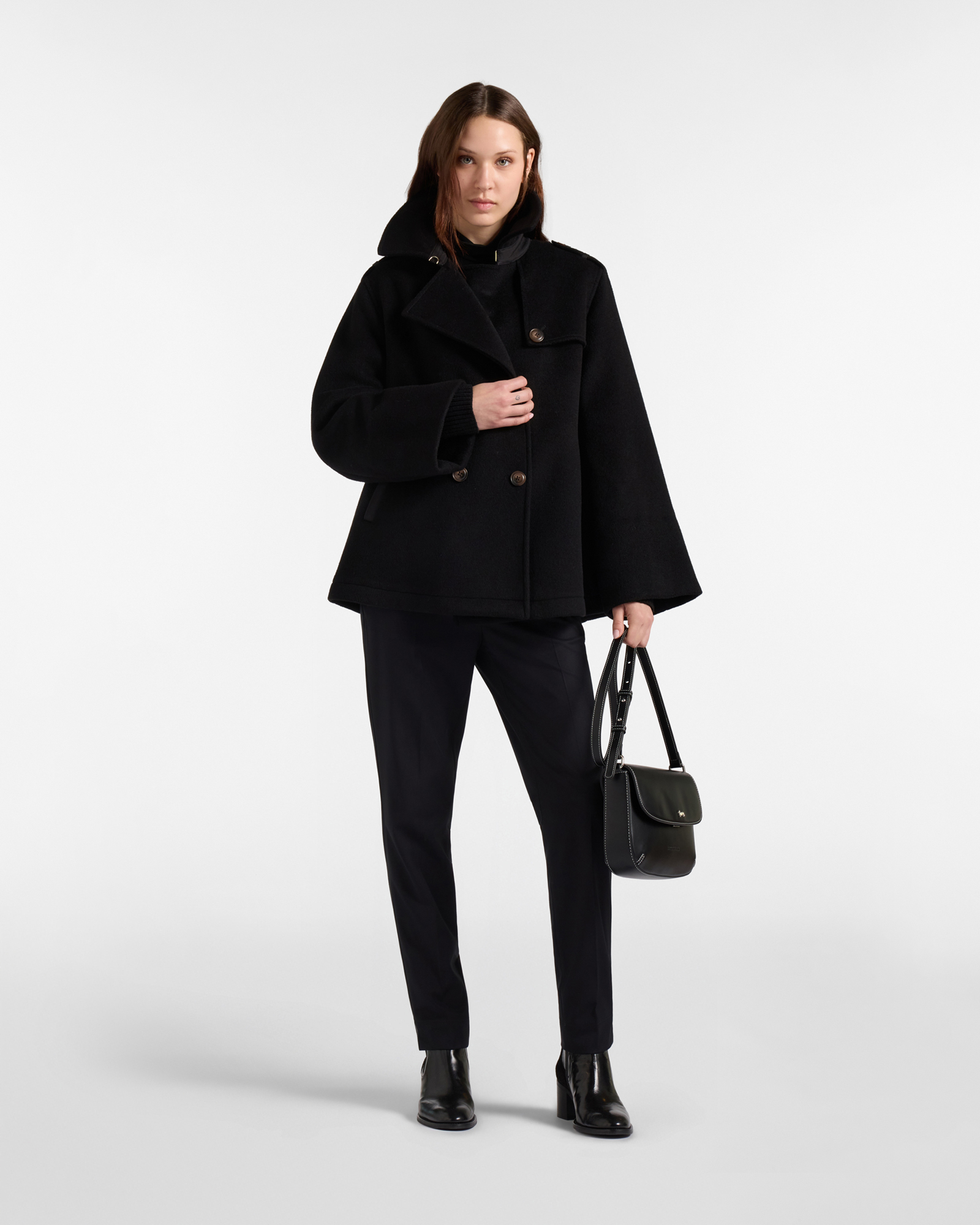 Abrigo de mujer tipo peacoat de doble botonadura en lana, NEGRO, large