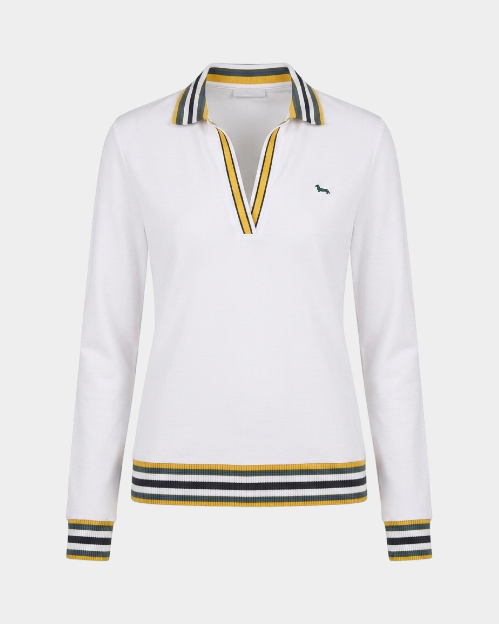 Women's long-sleeve stretch cotton polo shirt with V-neck, WHITE, large