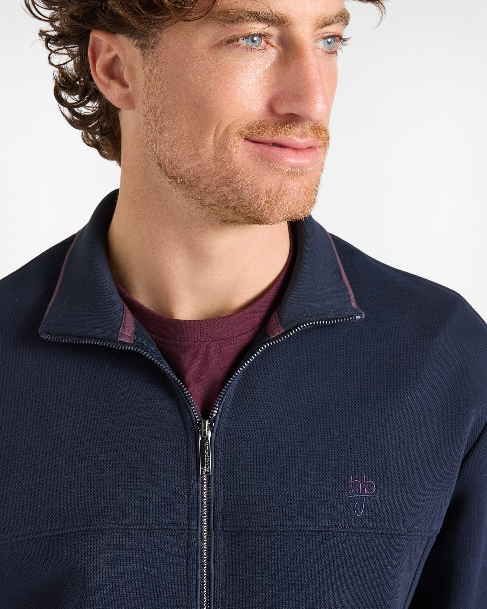HBJ Men&rsquo;s Full-Zip Hoodie with Stand-Up Collar and Contrast Trim, DARK BLUE, large
