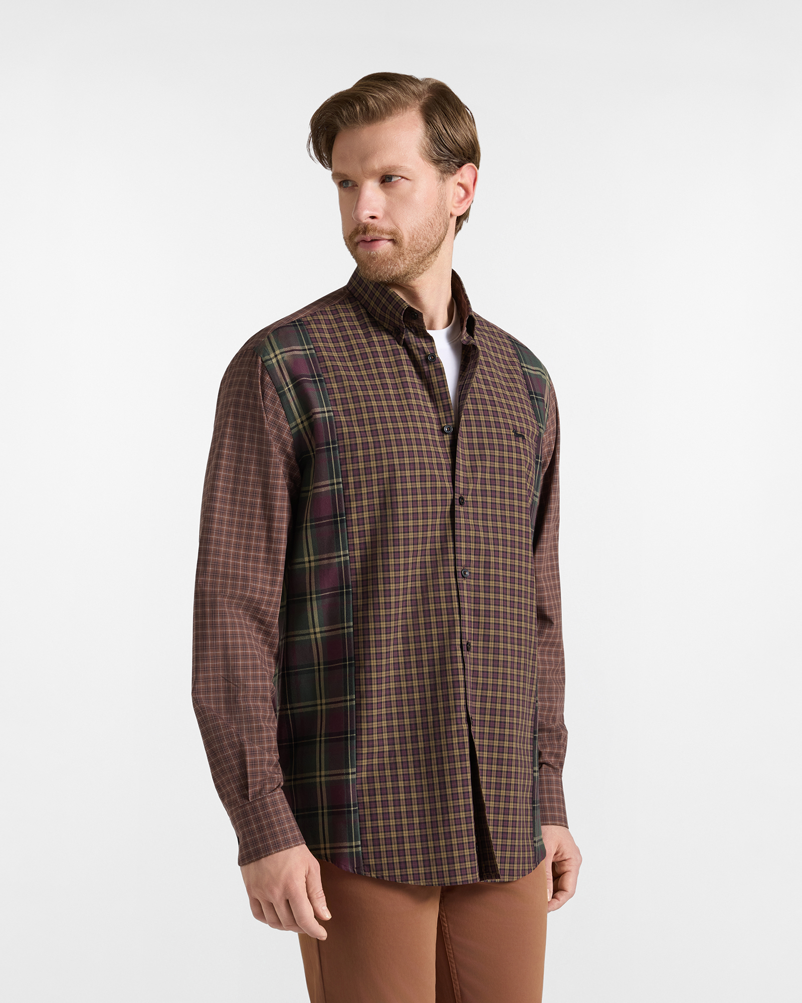 Camicia Uomo patchwork in pop check Classic Fit marrone