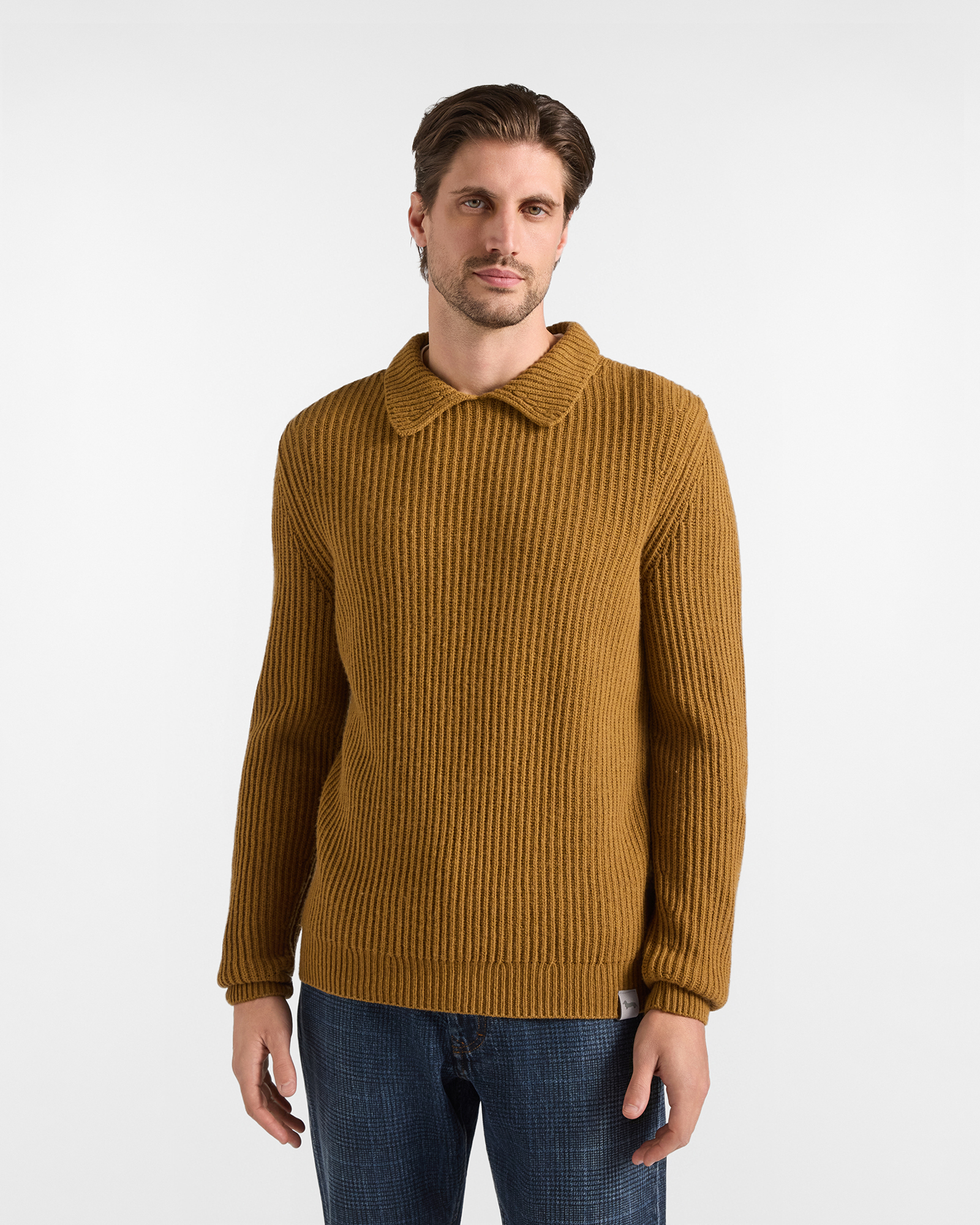 Men's Made in Italy buttoned polo shirt collar pullover in brown wool blend with regular fit
