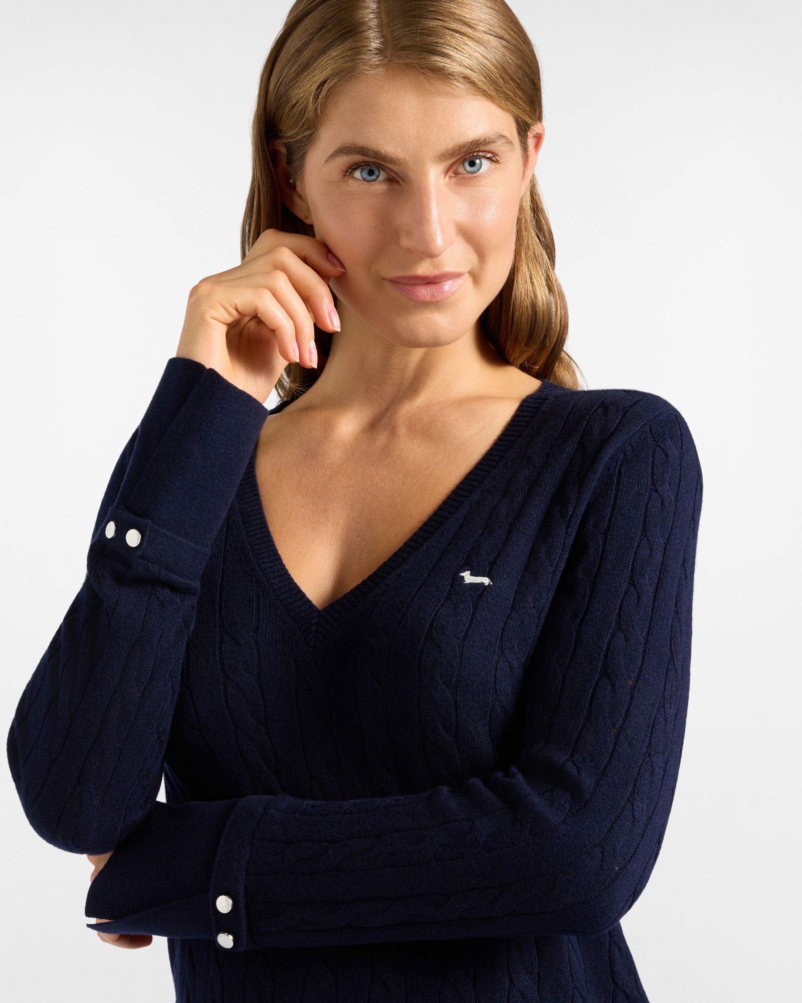 Women's regular fit V-neck sweater in  wool blend with cashmere, BLUE, large