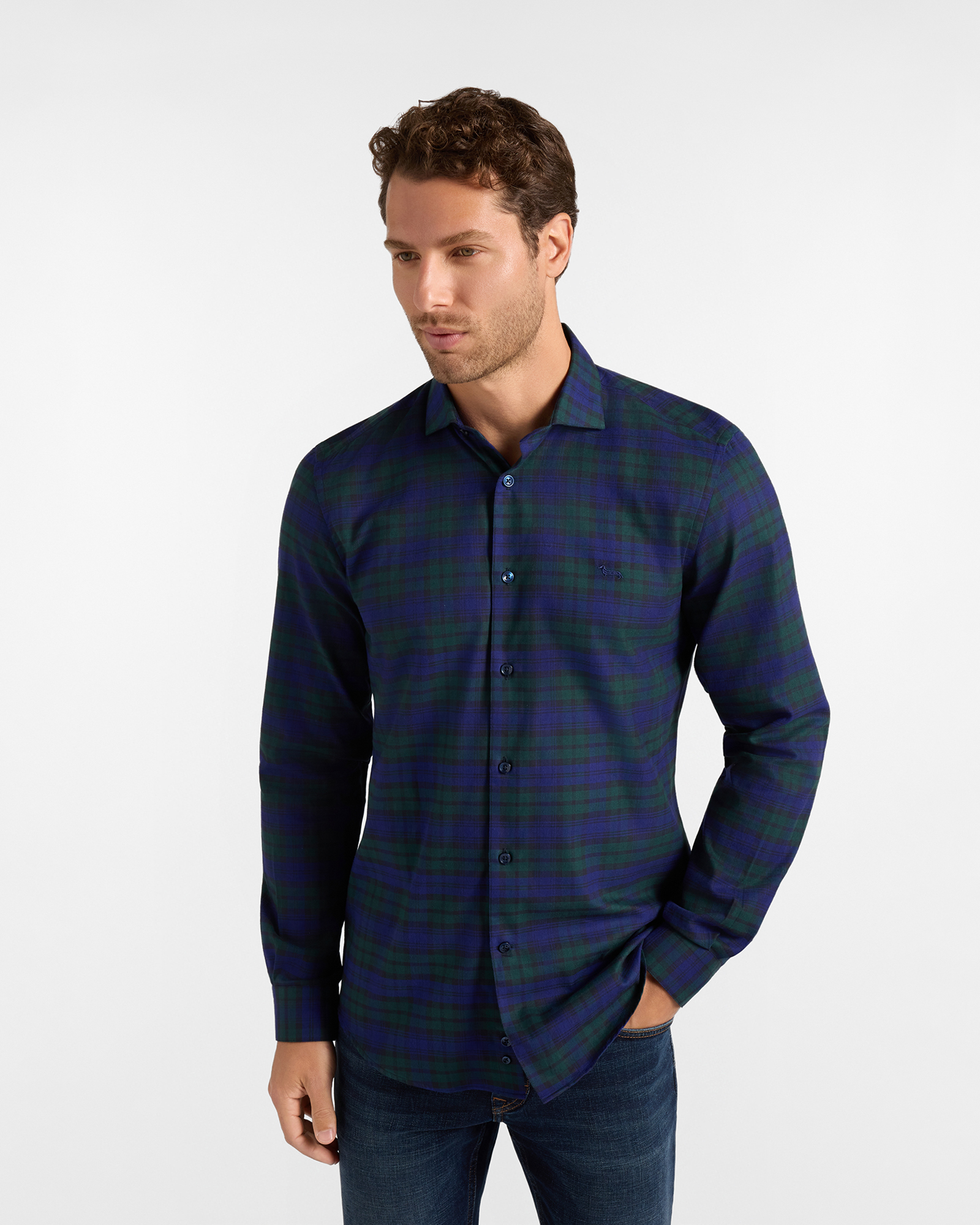 Chemise homme vert/bleu bouteille en flanelle &agrave; carreaux Narrow Fit Made in Italy