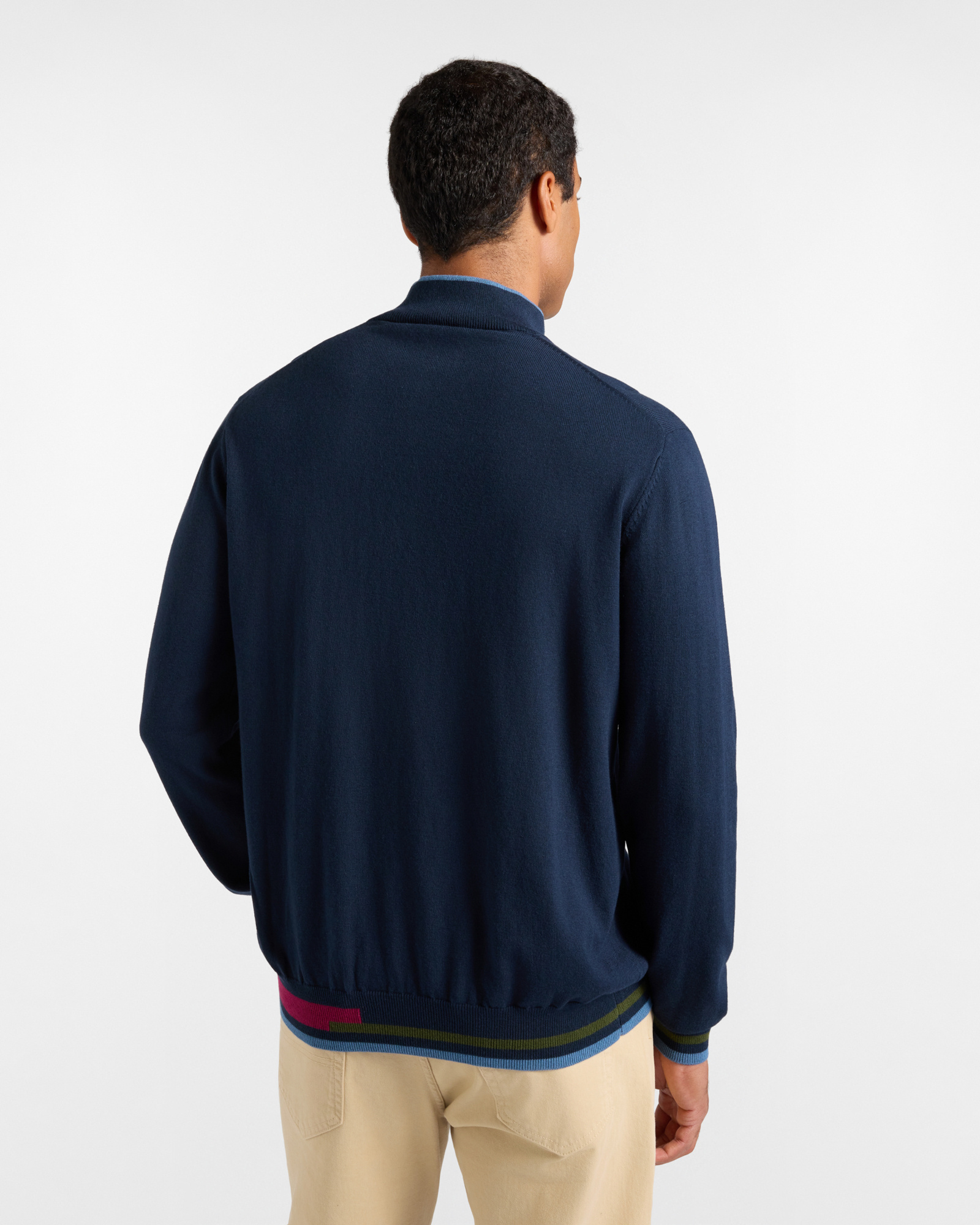 Men's regular fit sweater with half-zip stand-up collar in wool and cotton blend, NAVY BLUE, large