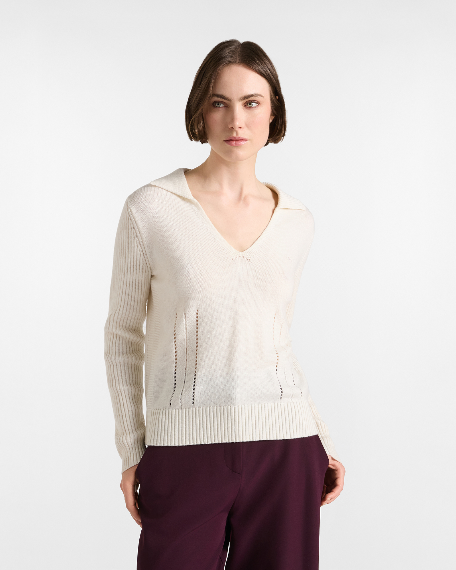 Jersey Mujer con cuello polo en mezcla de lana color blanco con cachemir