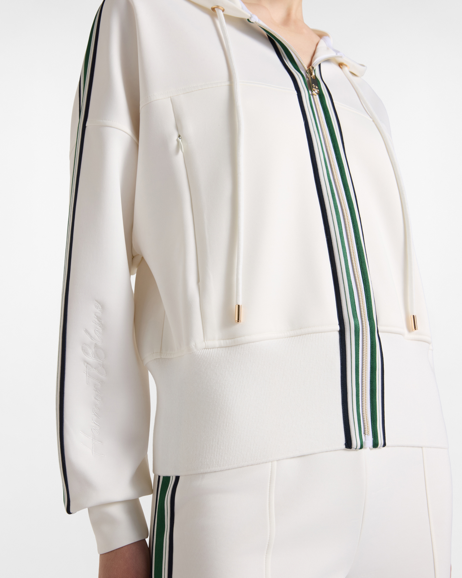 Felpa Donna full zip con cappuccio bianca e bande rigate, BIANCO, large