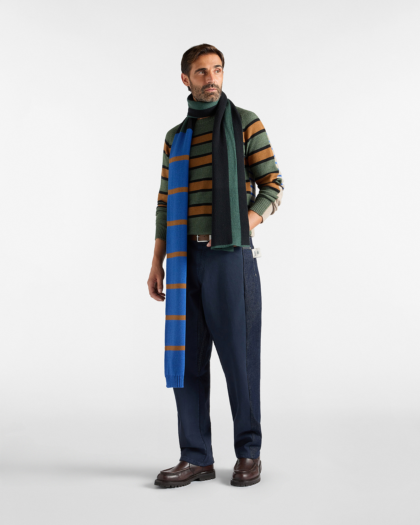 Men&rsquo;s multi-striped wool and viscose blend jumper, Made in Italy, BOTTLE GREEN, large