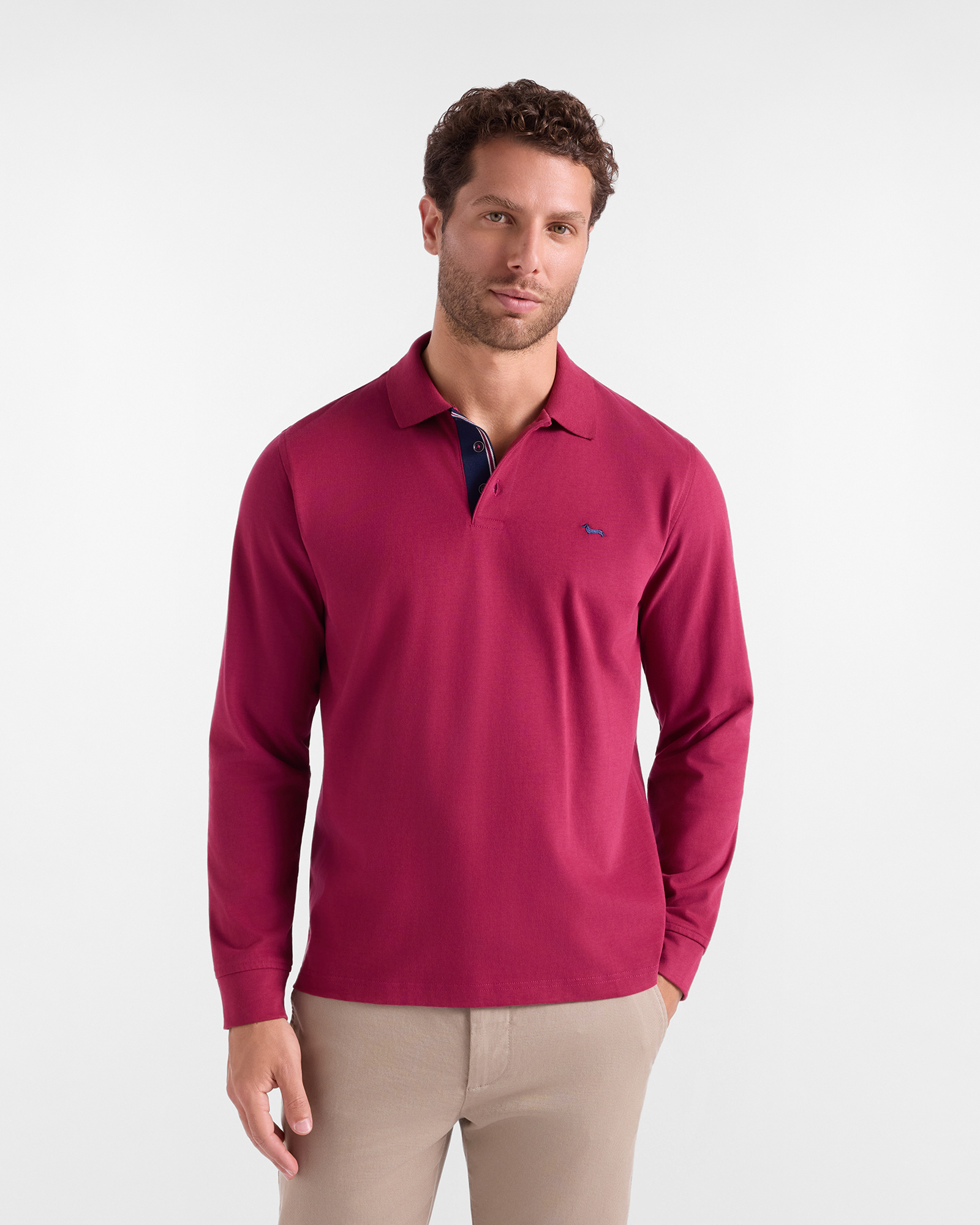 Men's long-sleevecy cyclamen 100% pure cotton brushed jersey polo shirt