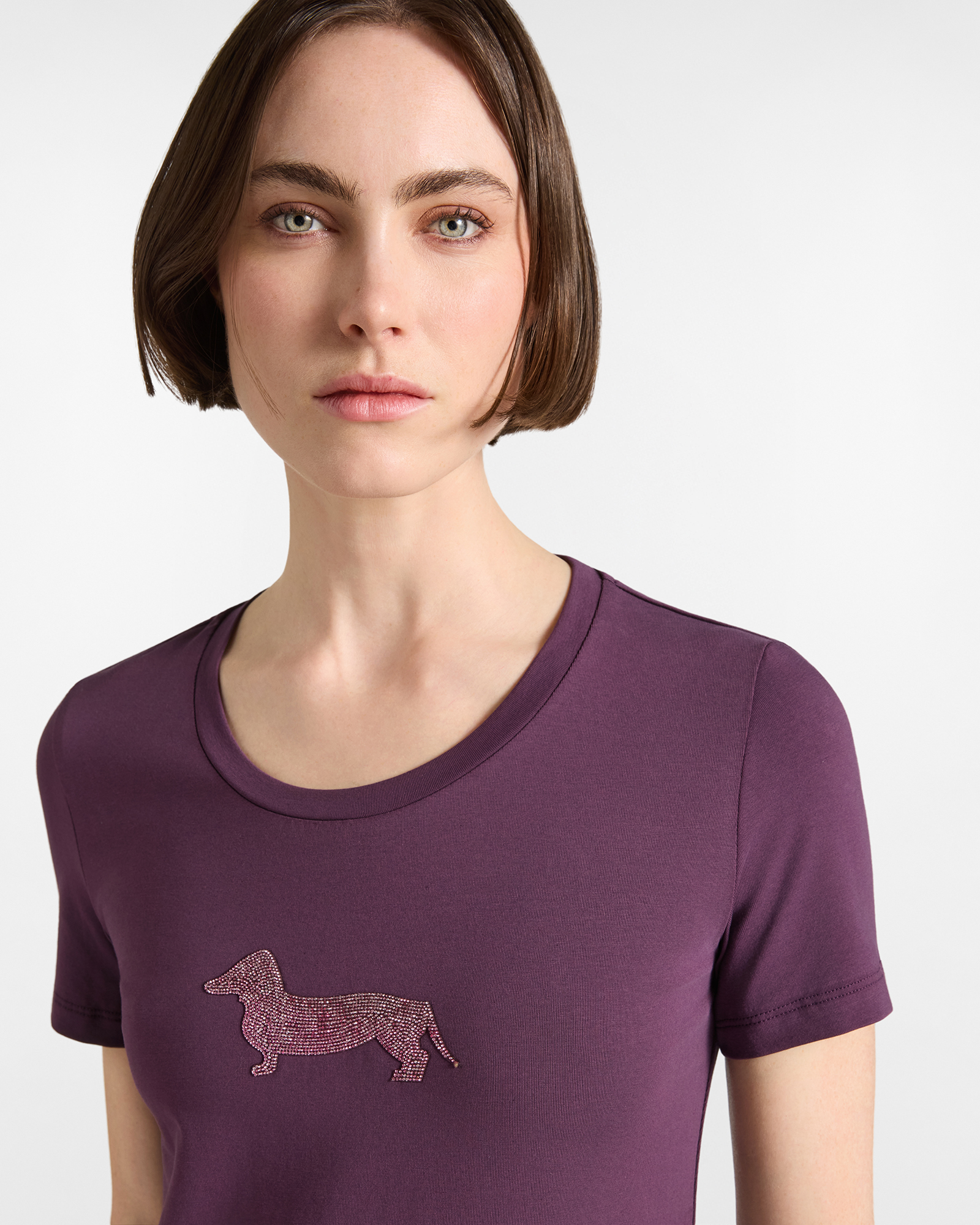 Women's  stretch cotton T-shirt with glitter maxi dachshund, DARK PURPLE, large