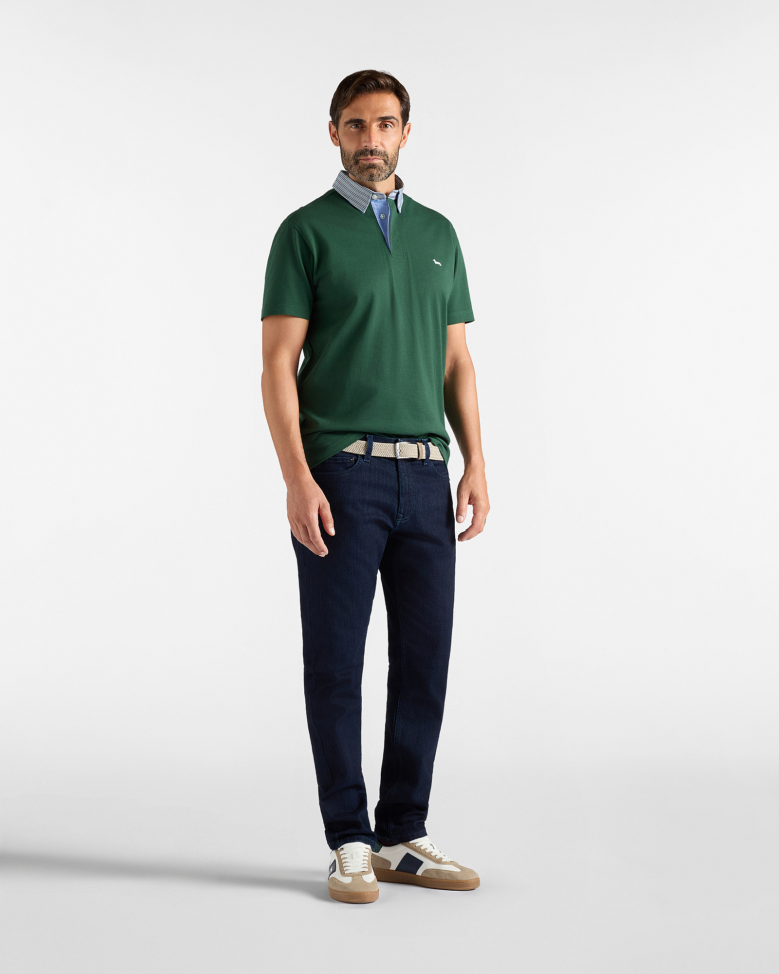 Men's Vietri polo shirt in cotton piqu&eacute; with contrasting striped collar, BOTTLE GREEN, large