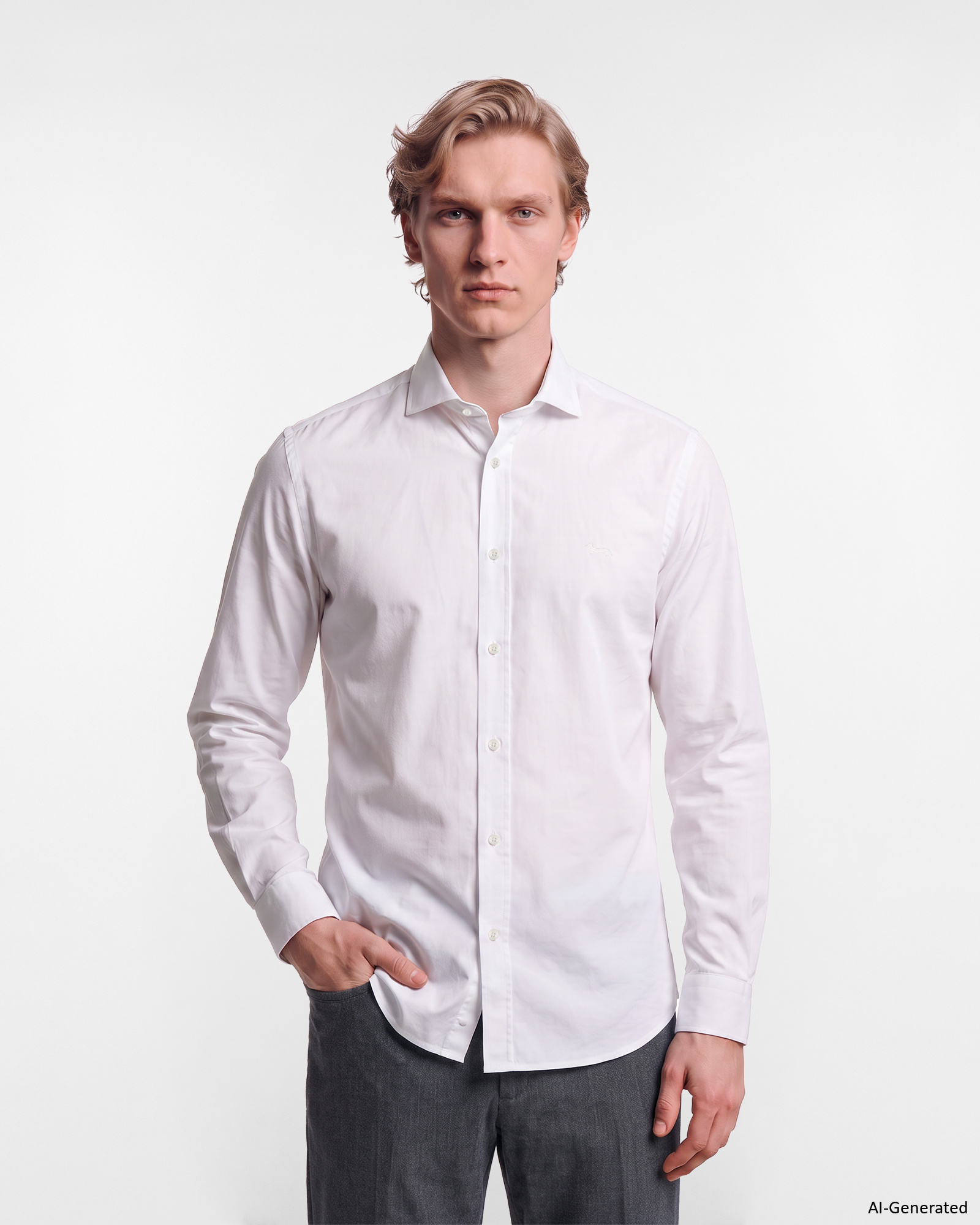 Men's narrow-fit white piece-dyed poplin shirt