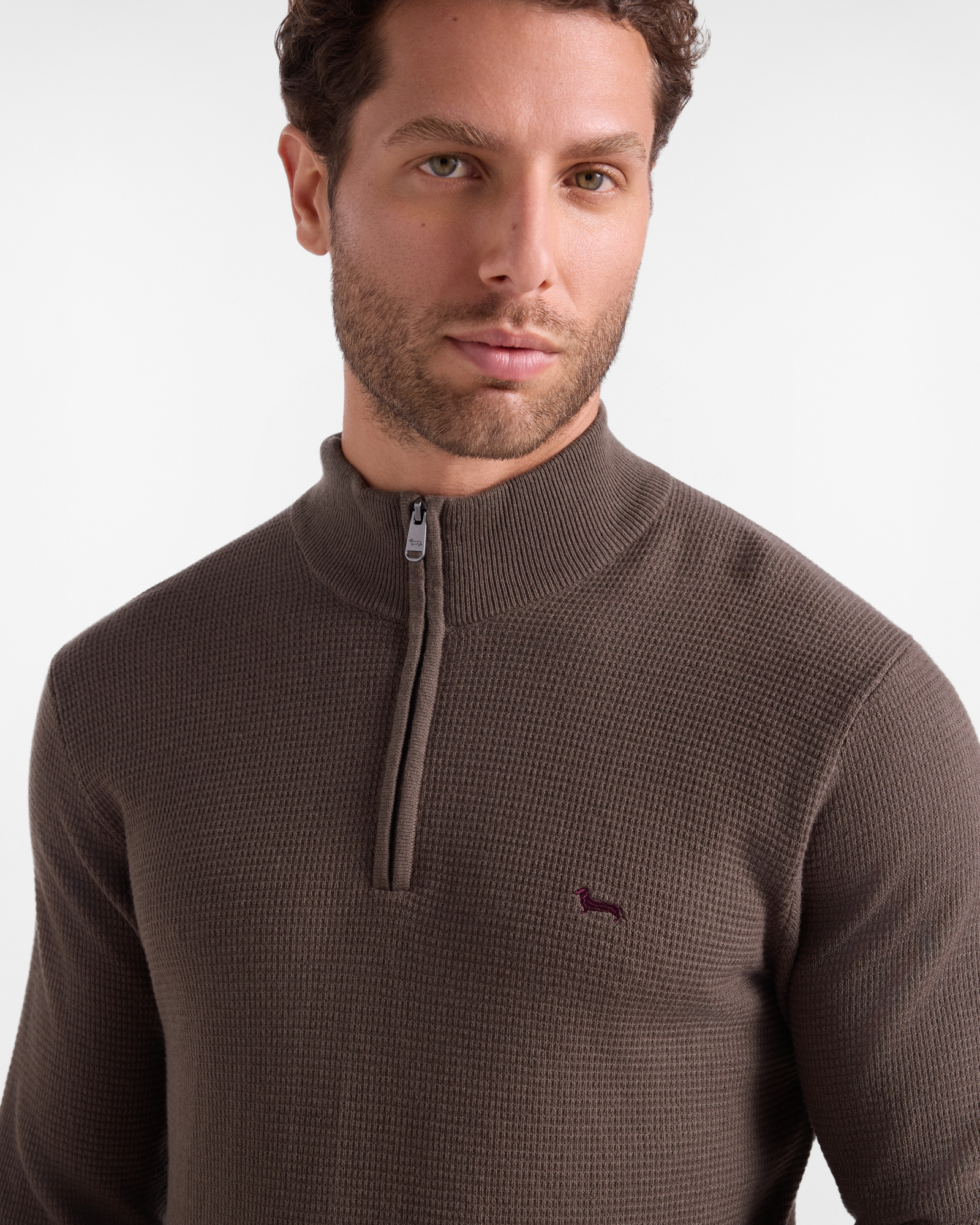 Men's regular fit sweater with half-zip stand-up collar in wool and cotton blend, PETROLEUM GREEN, large