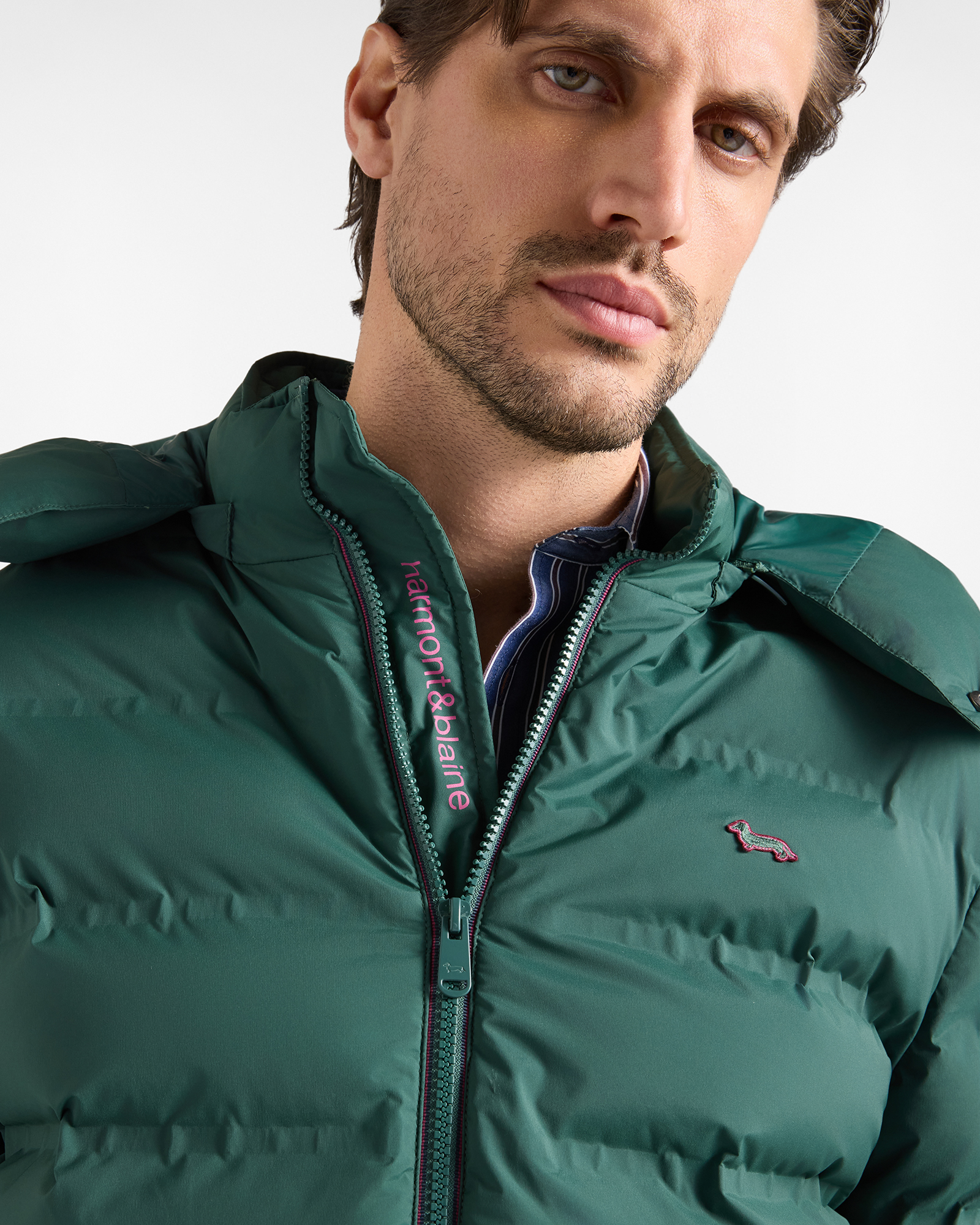 Bomber acolchado para hombre de nailon t&eacute;cnico el&aacute;stico, VERDE BOTELLA, large