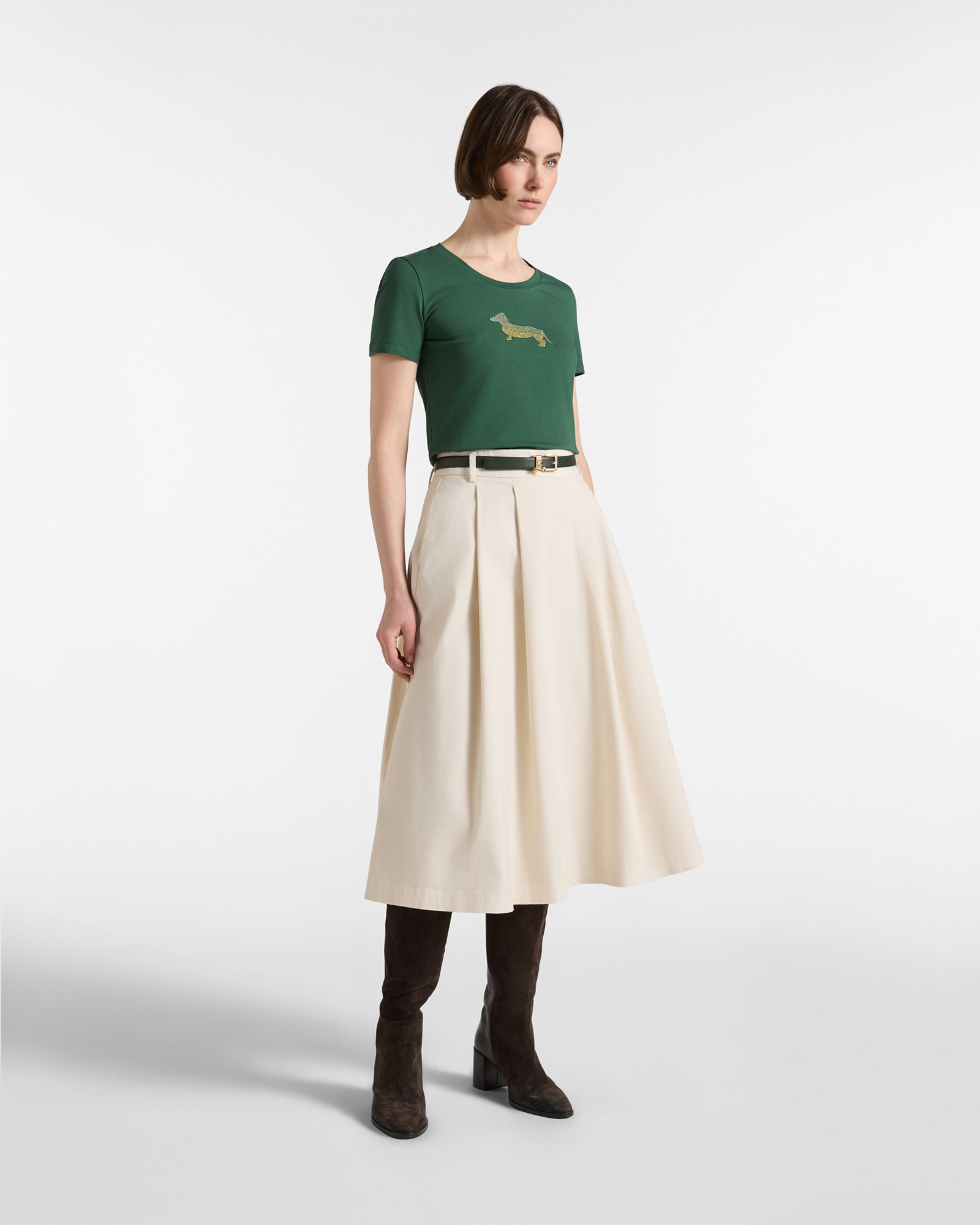Women's  stretch cotton T-shirt with glitter maxi dachshund, GREEN, large