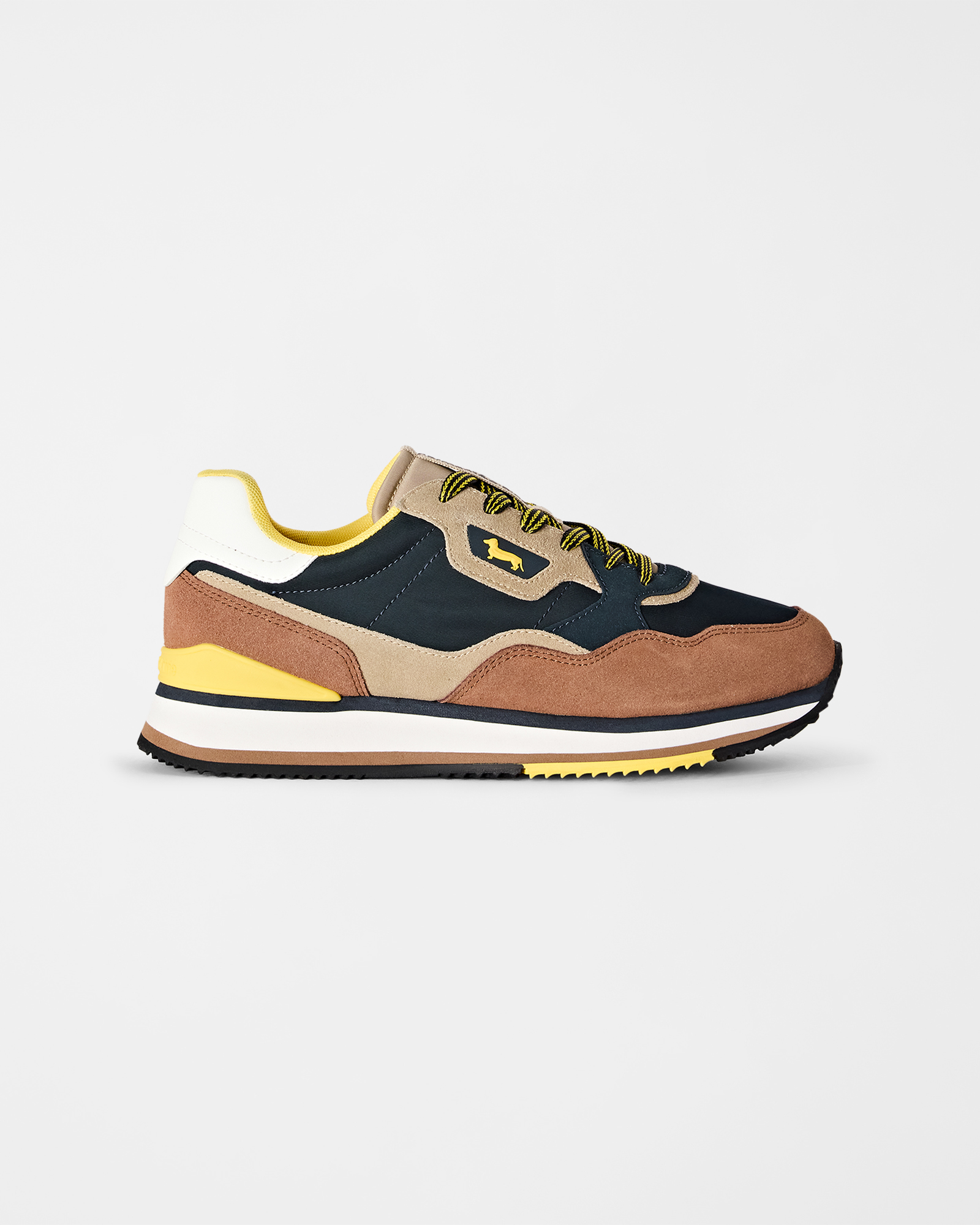 Men's running sneakers in three-tone suede and three-tone technical fabric