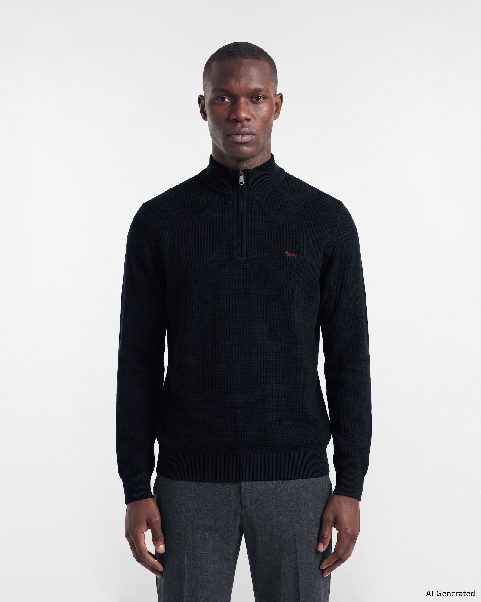 Herrenpullover mit hohem Half-Zip-Kragen aus Wolle und Baumwolle in Blau mit regul&auml;rer Passform