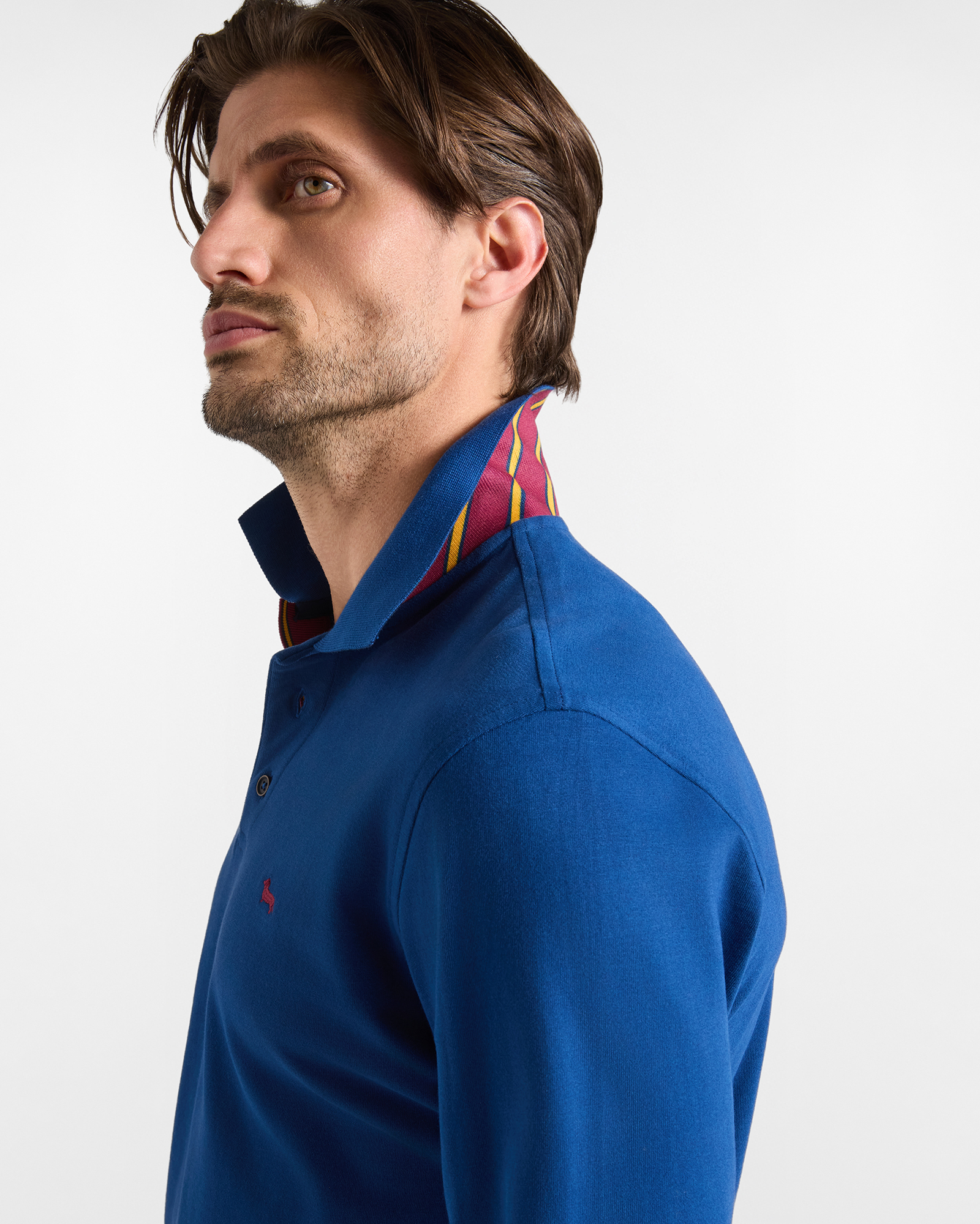 Men's long-sleeve 100% pure cotton brushed jersey polo shirt, SPORT BLUE, large