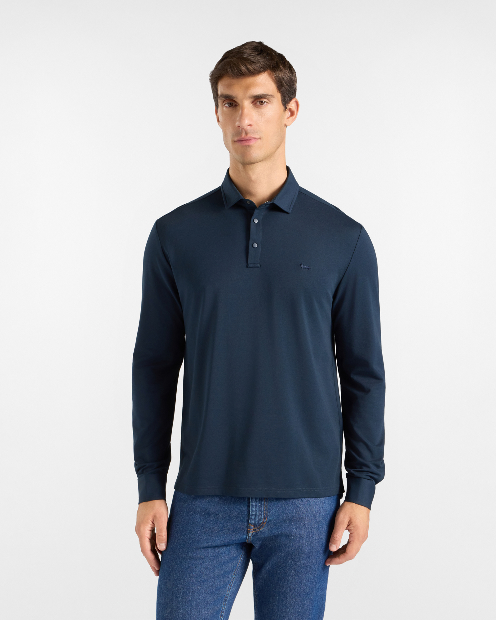 Men's long-sleeve blue stretch cotton piqu&eacute; polo shirt