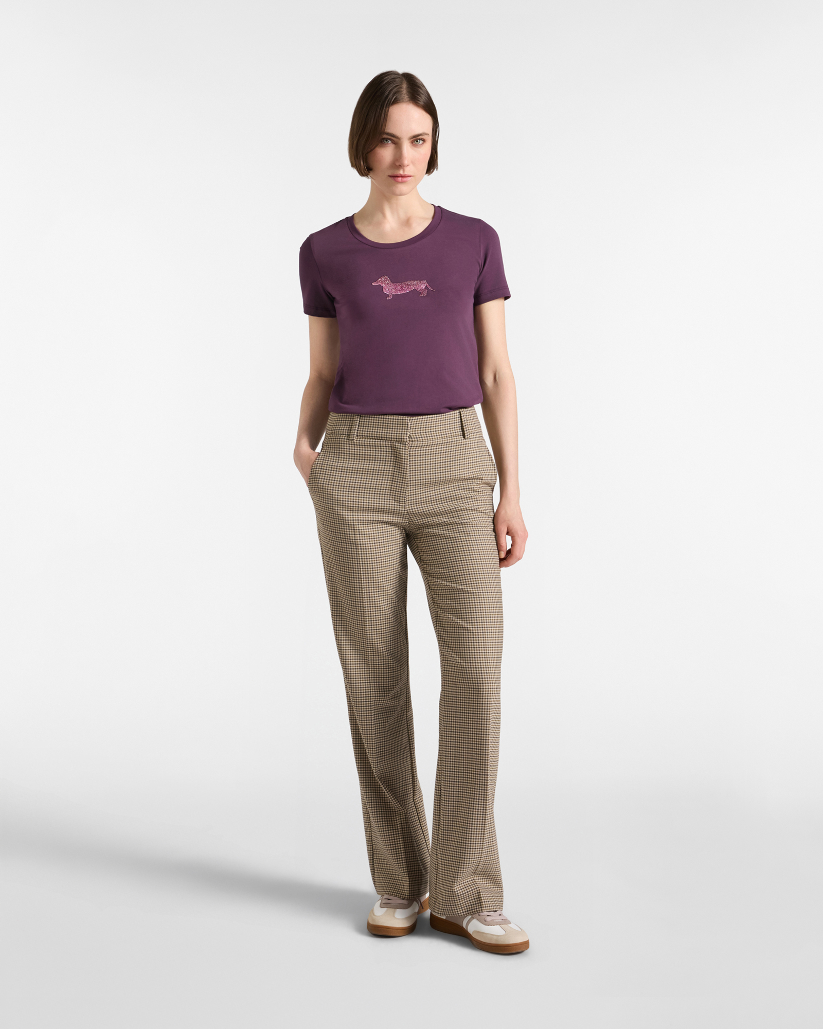 Women's  stretch cotton T-shirt with glitter maxi dachshund, DARK PURPLE, large