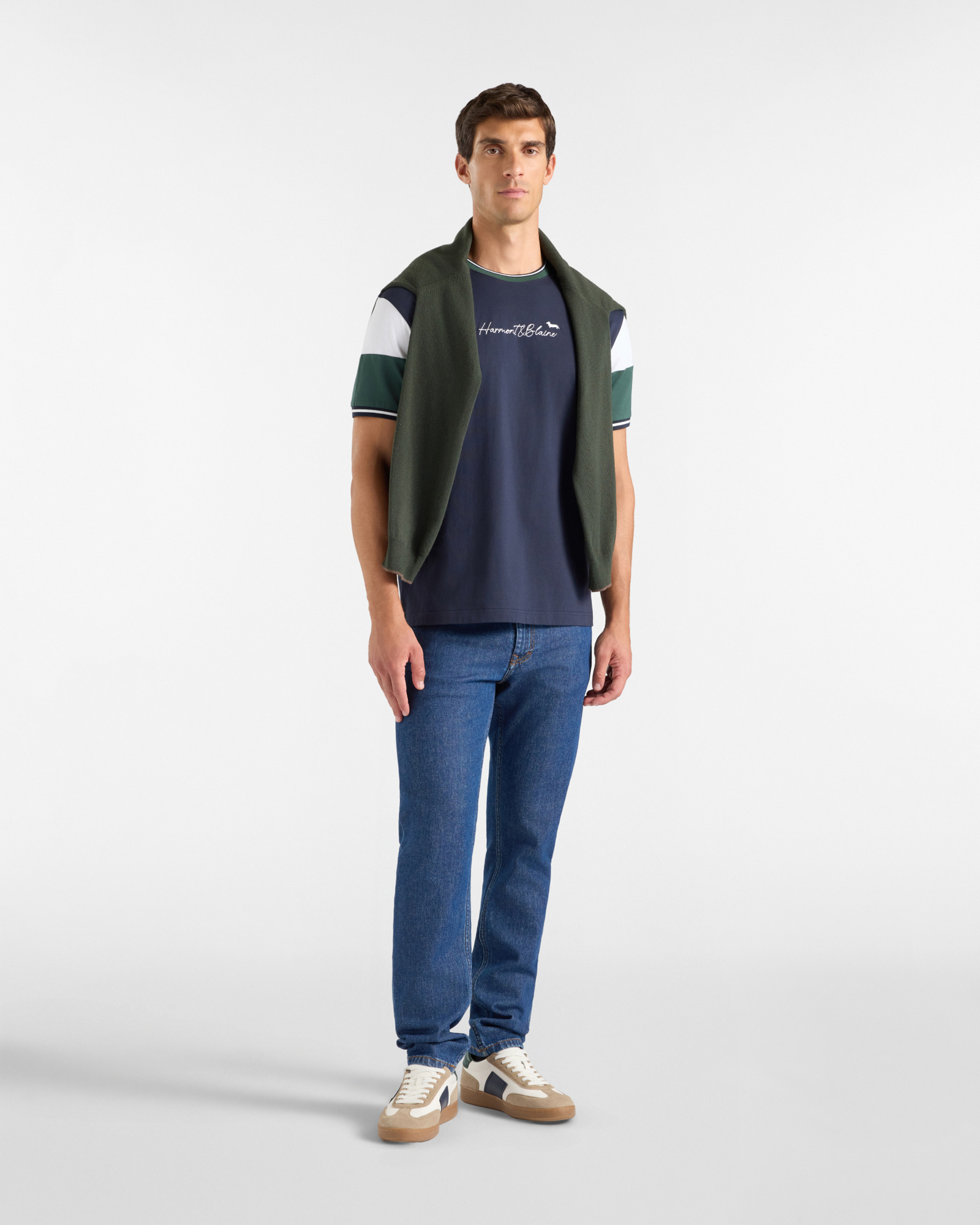 Men's T-shirt with striped ribbed crewneck in  100% pure cotton with relaxed fit, NAVY BLUE, large