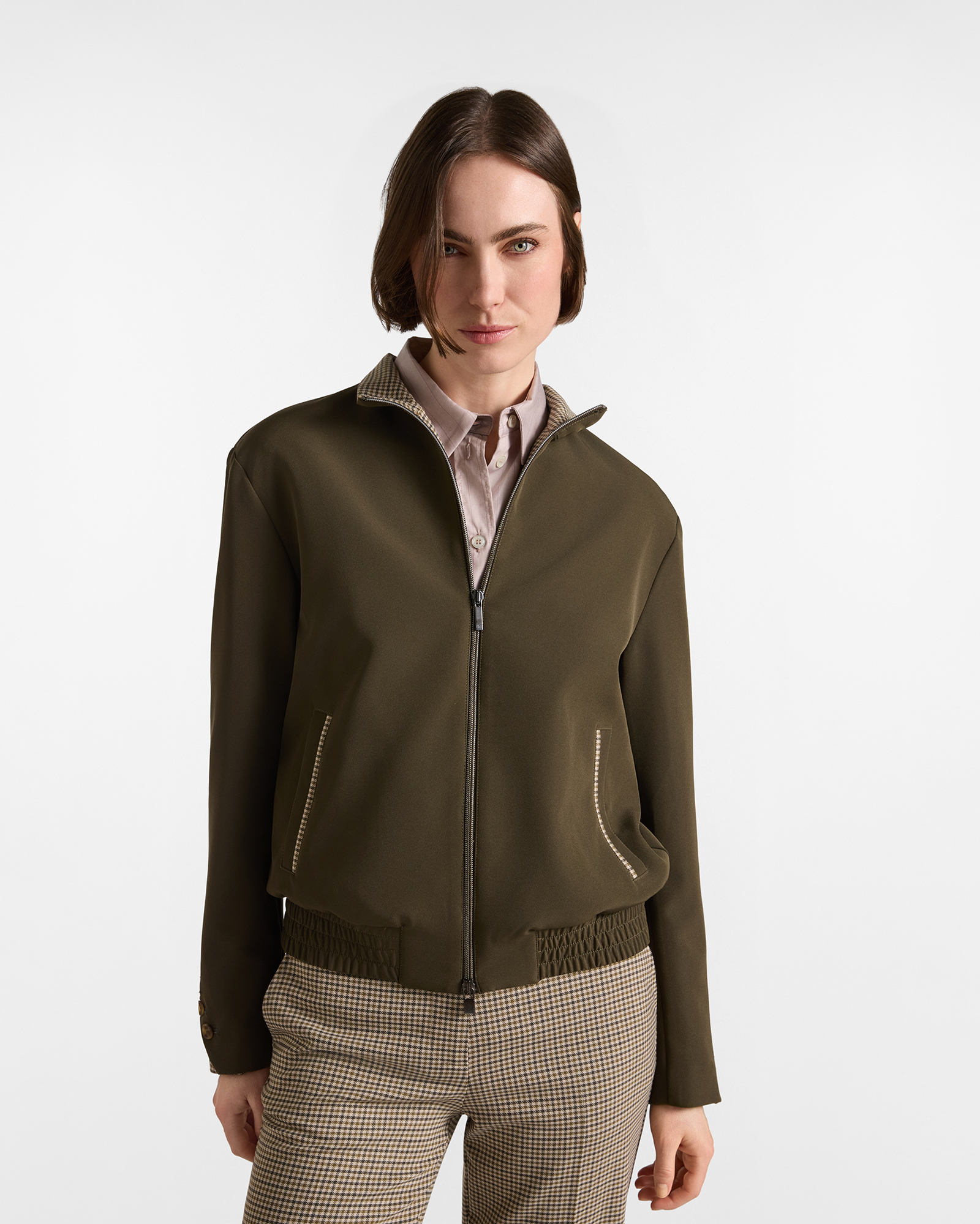 Bomber para mujer verde militar con inserciones micro-vichy Made in Italy
