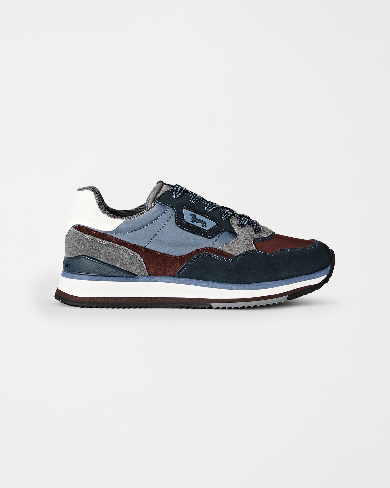 Men's running sneakers in suede and three-tone technical fabric