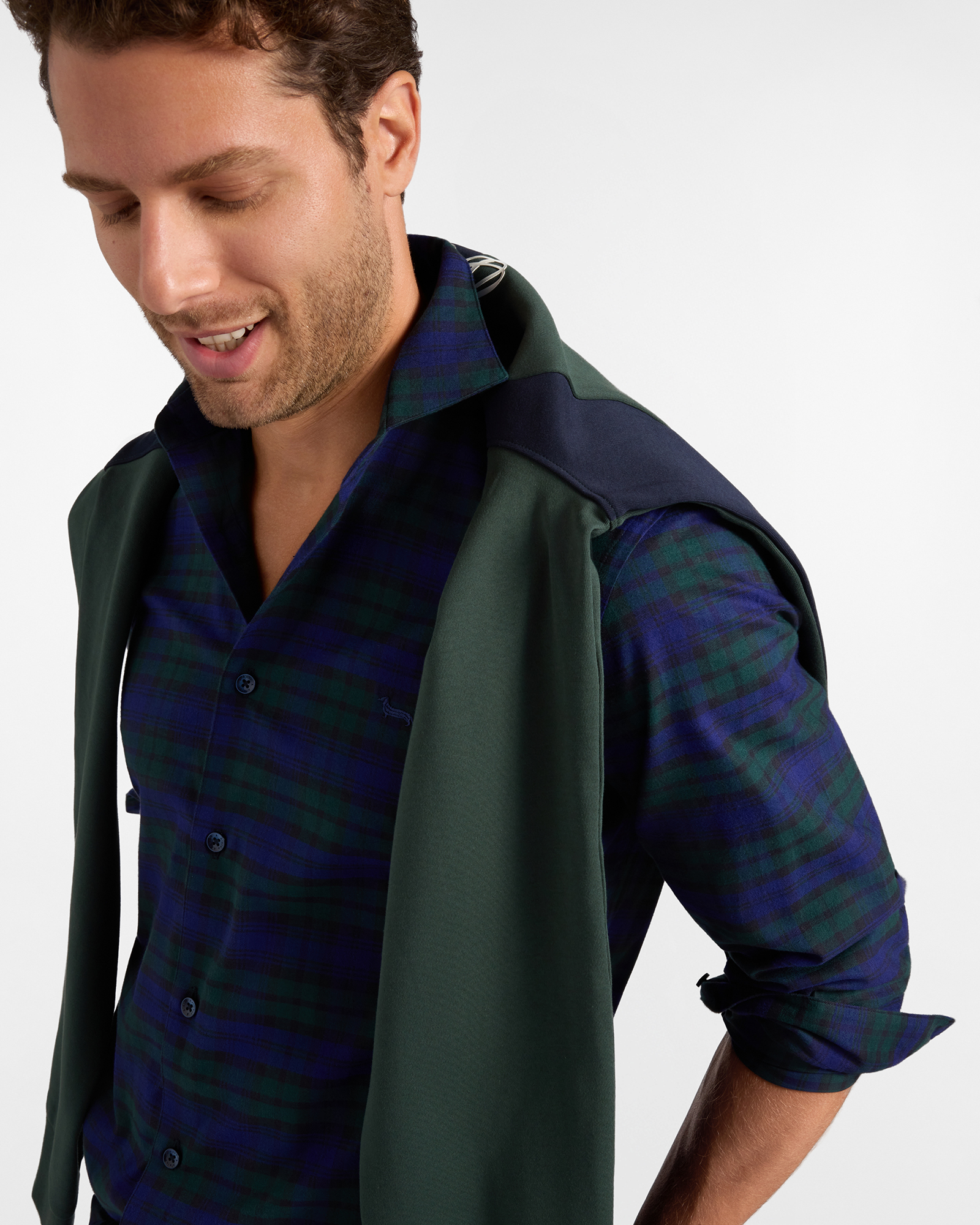 Men's narrow-fit Made in Italy checkered flannel shirt, BOTTLE GREEN, large