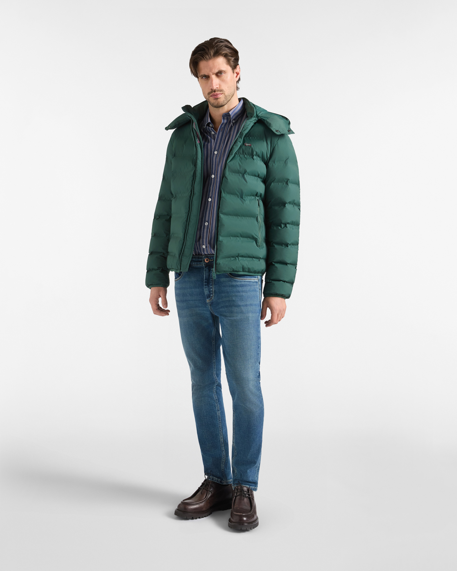 Bomber acolchado para hombre de nailon t&eacute;cnico el&aacute;stico, VERDE BOTELLA, large