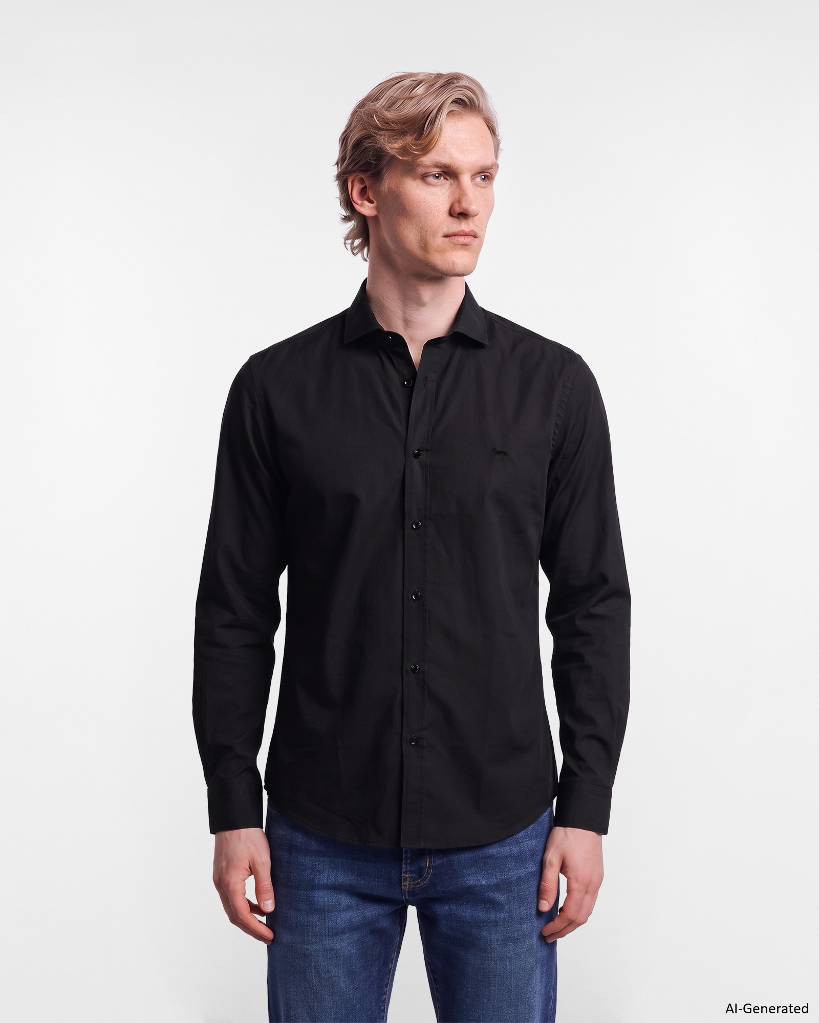 Men's narrow-fit black piece-dyed poplin shirt