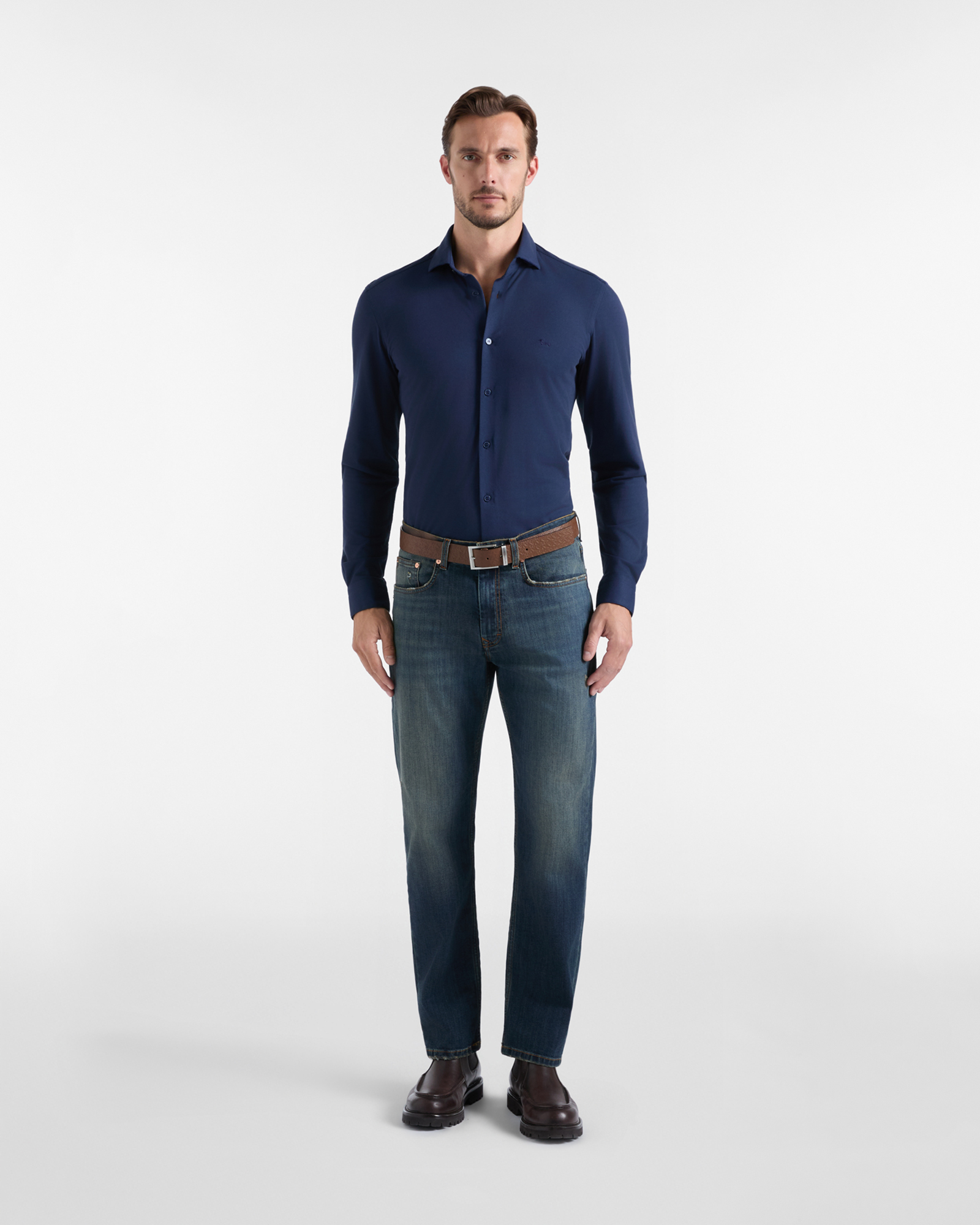Men's narrow-fit shirt in solid dark  piqu&eacute;, NAVY BLUE, large