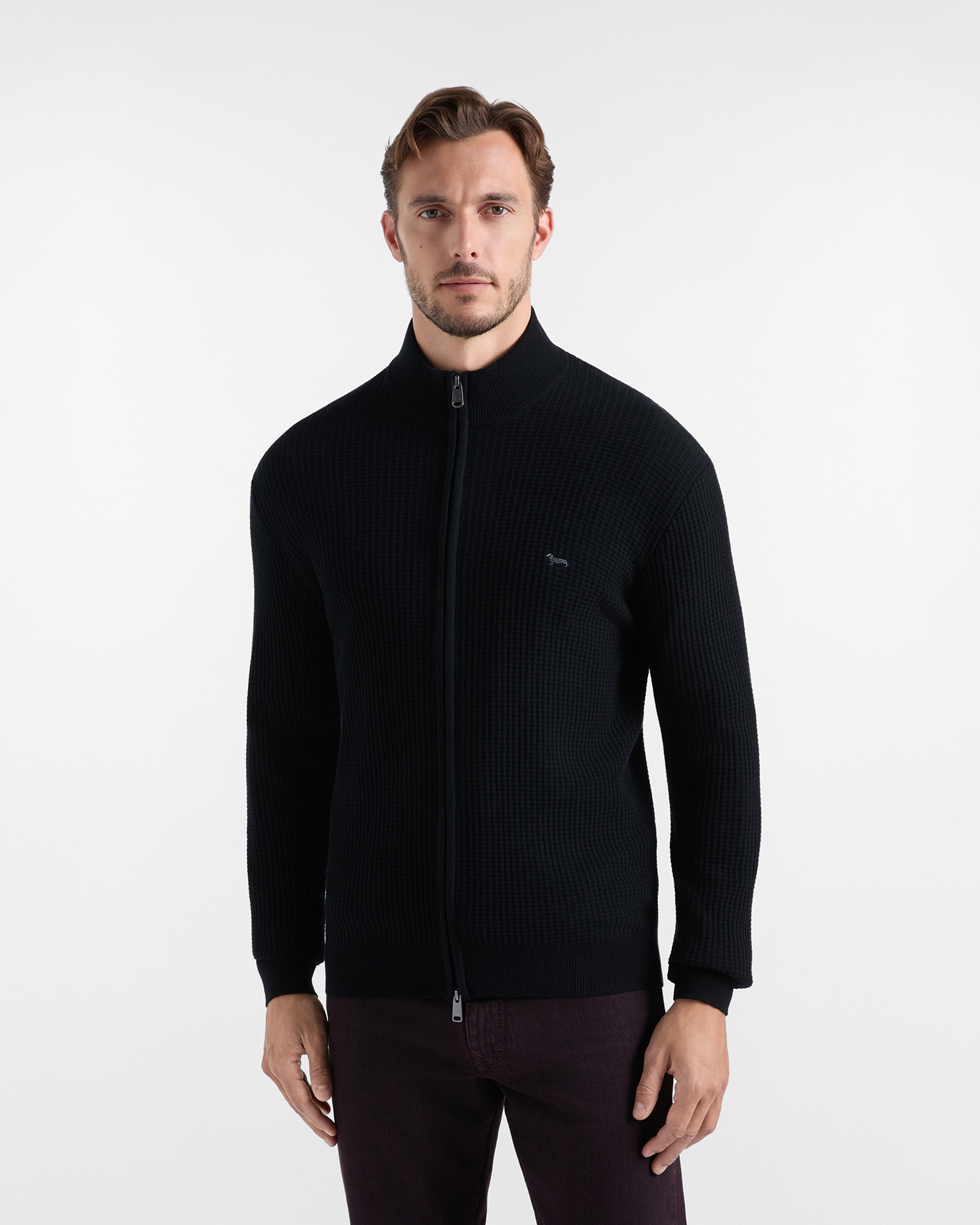 Men's regular fit sweater with full-zip stand-up collar in a black wool and cotton blend