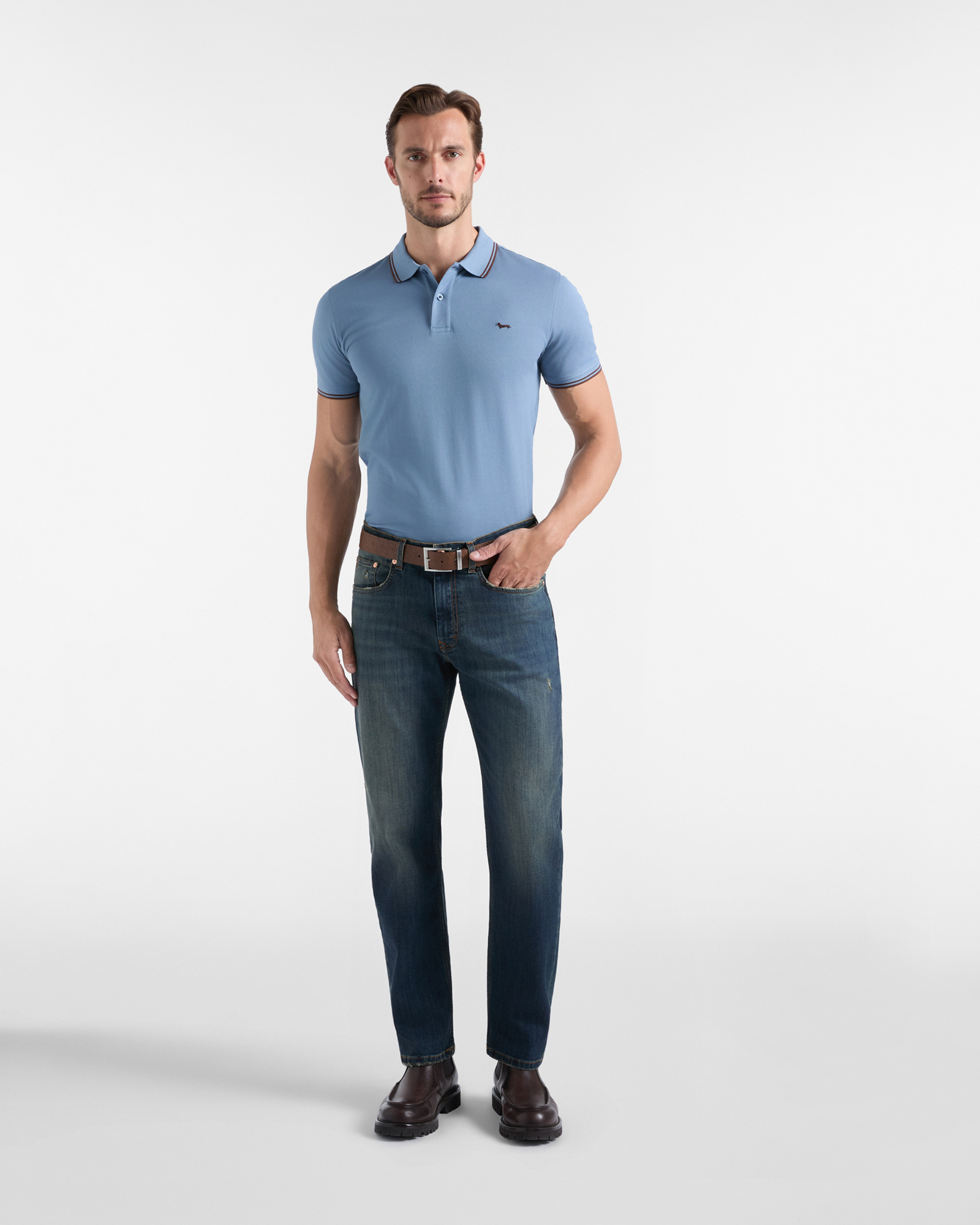 Polo para hombre de manga corta en piqu&eacute; de 100 % puro algod&oacute;n, AZUL CLARO, large