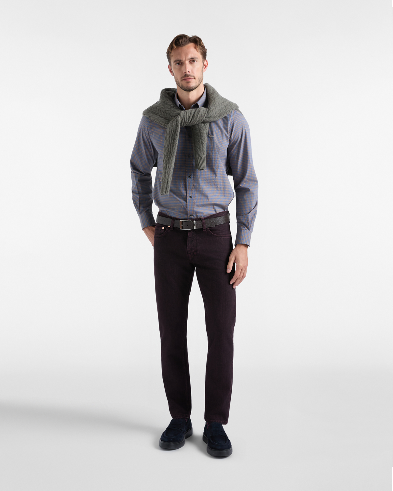 Men&rsquo;s micro-check fil coup&eacute; cotton shirt, DARK BROWN, large