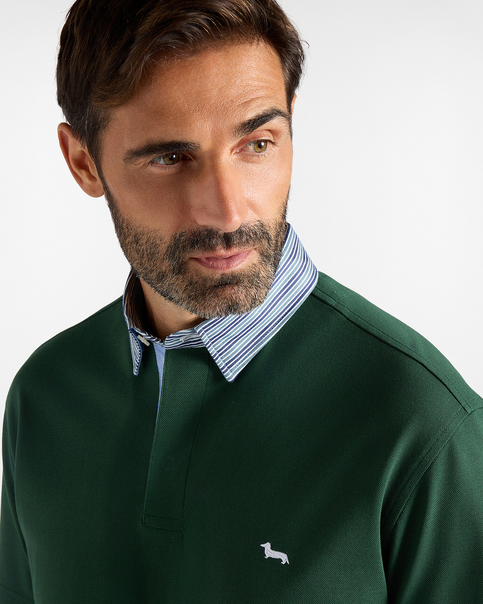 Men's Vietri polo shirt in cotton piqu&eacute; with contrasting striped collar, BOTTLE GREEN, large