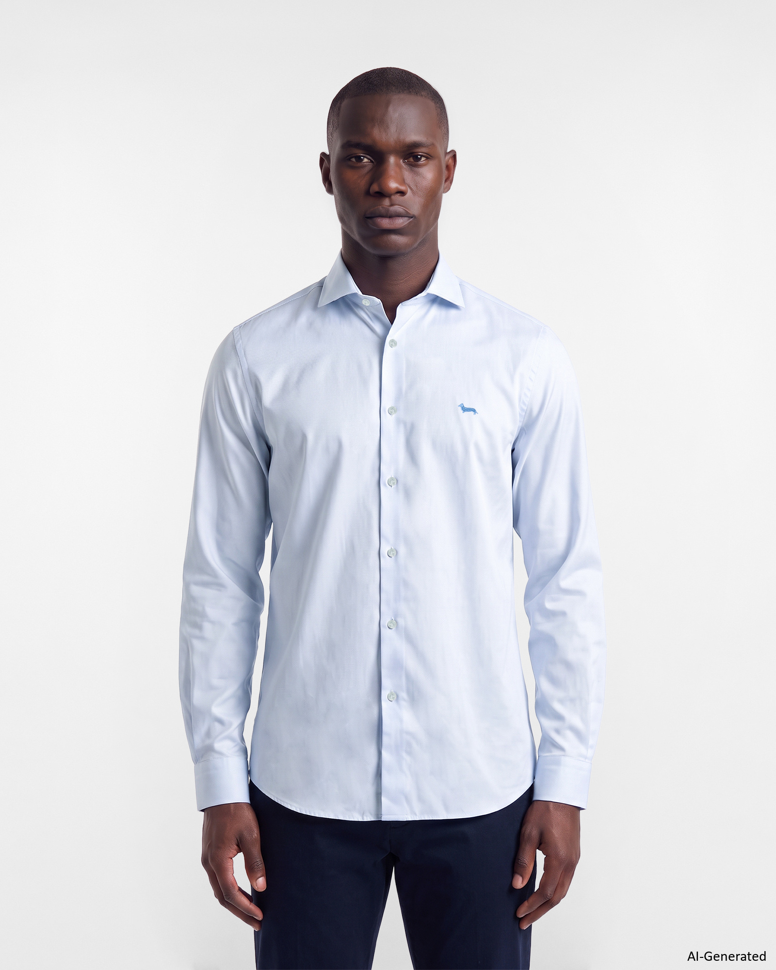 Men's narrow-fit dark blue no-iron textured cotton shirt