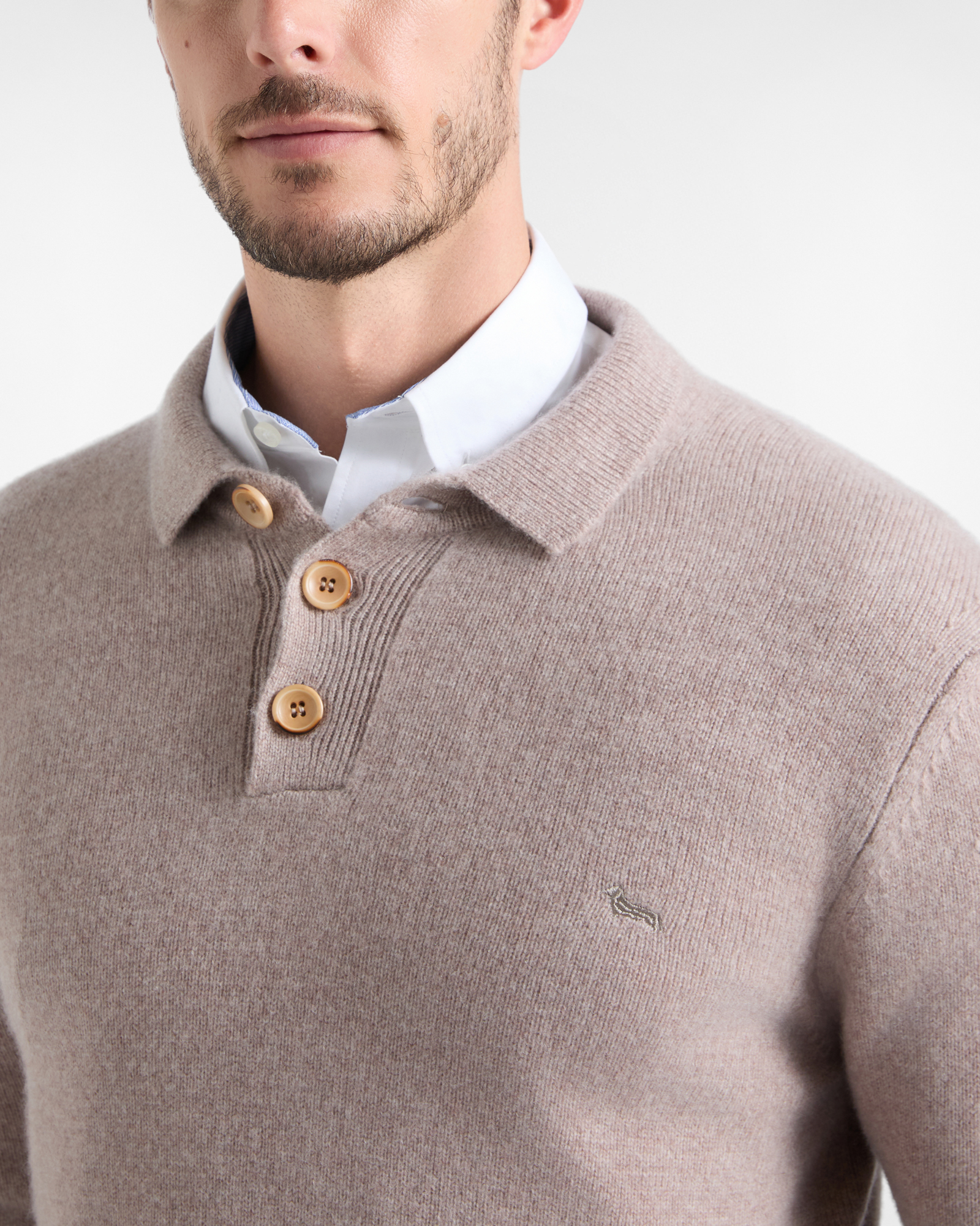 Men's Made in Italy buttoned polo shirt collar sweater in 100% pure cashmere with regular fit, BEIGE, large